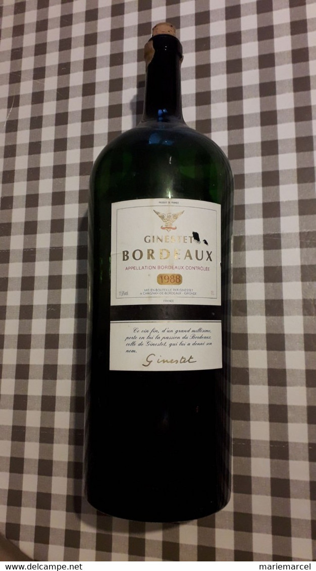 BOUTEILLE DE  VIN ROUGE 11,5 ° VIDE 12 LITRES BORDEAUX GINESTET 1988. RED WINE BORDEAUX. - Wine