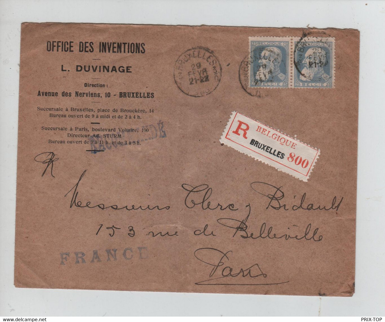 REF3627/ TP 76 (2) GB S/L. Recommandée L.Duvinage Office Des Inventions C. BXL 3/10 1908 > Paris C.d'arrivée - 1905 Grosse Barbe