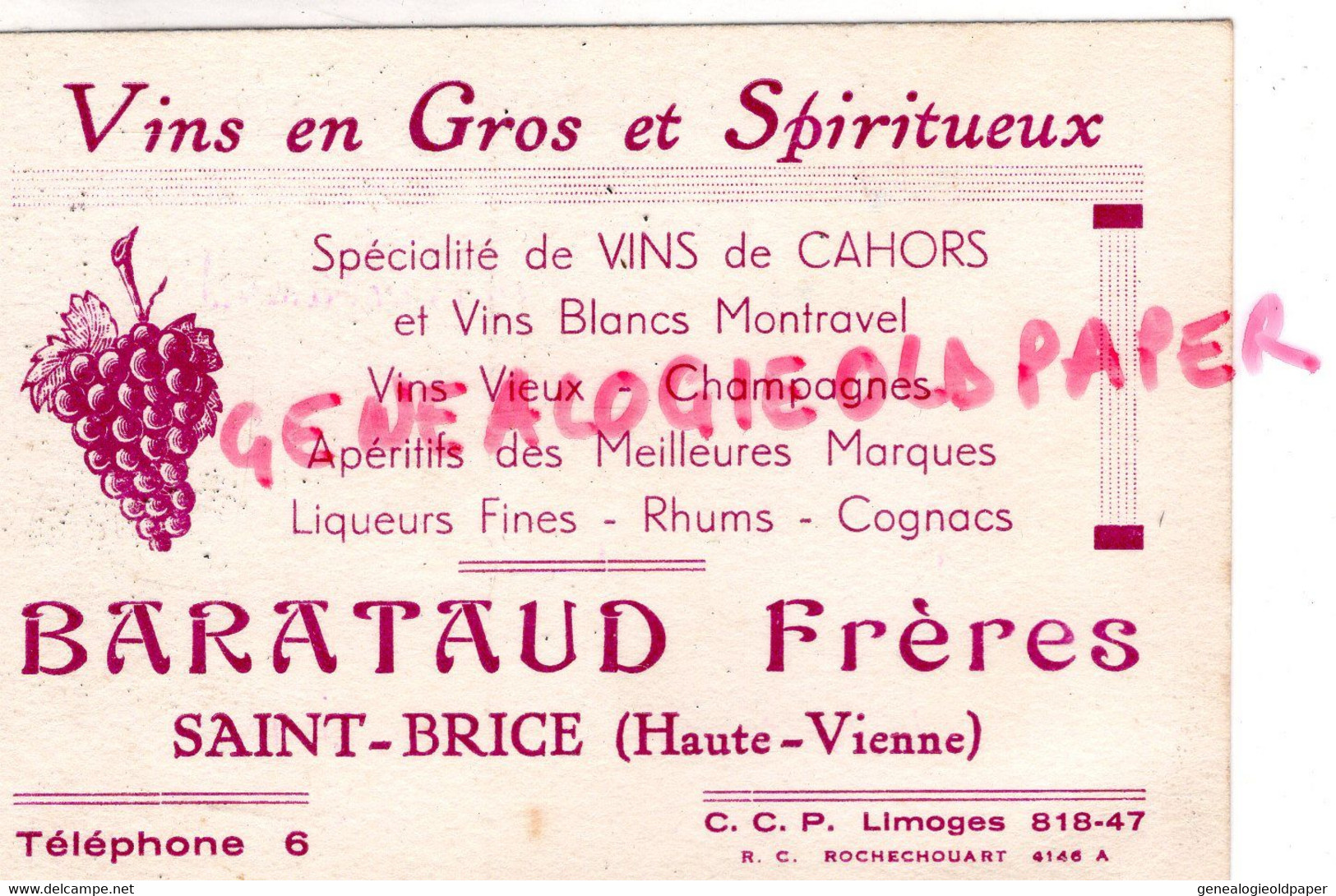 87- SAINT BRICE SUR VIENNE- ST BRICE - CARTE BARATAUD FRERES - MARCHANDS DE VINS -CAHORS-MONTRAVEL-1954 - Straßenhandel Und Kleingewerbe