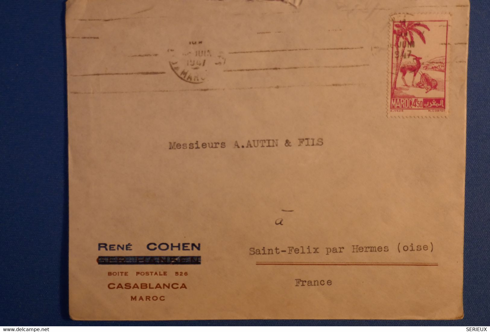 M16 MAROC  BELLE LETTRE 1947 PAR AVION CASABLANCA POUR ST FELIX FRANCE + BANDE DE 4 T.P+ AFFRANCHISSEMENT INTERESSANT - Briefe U. Dokumente