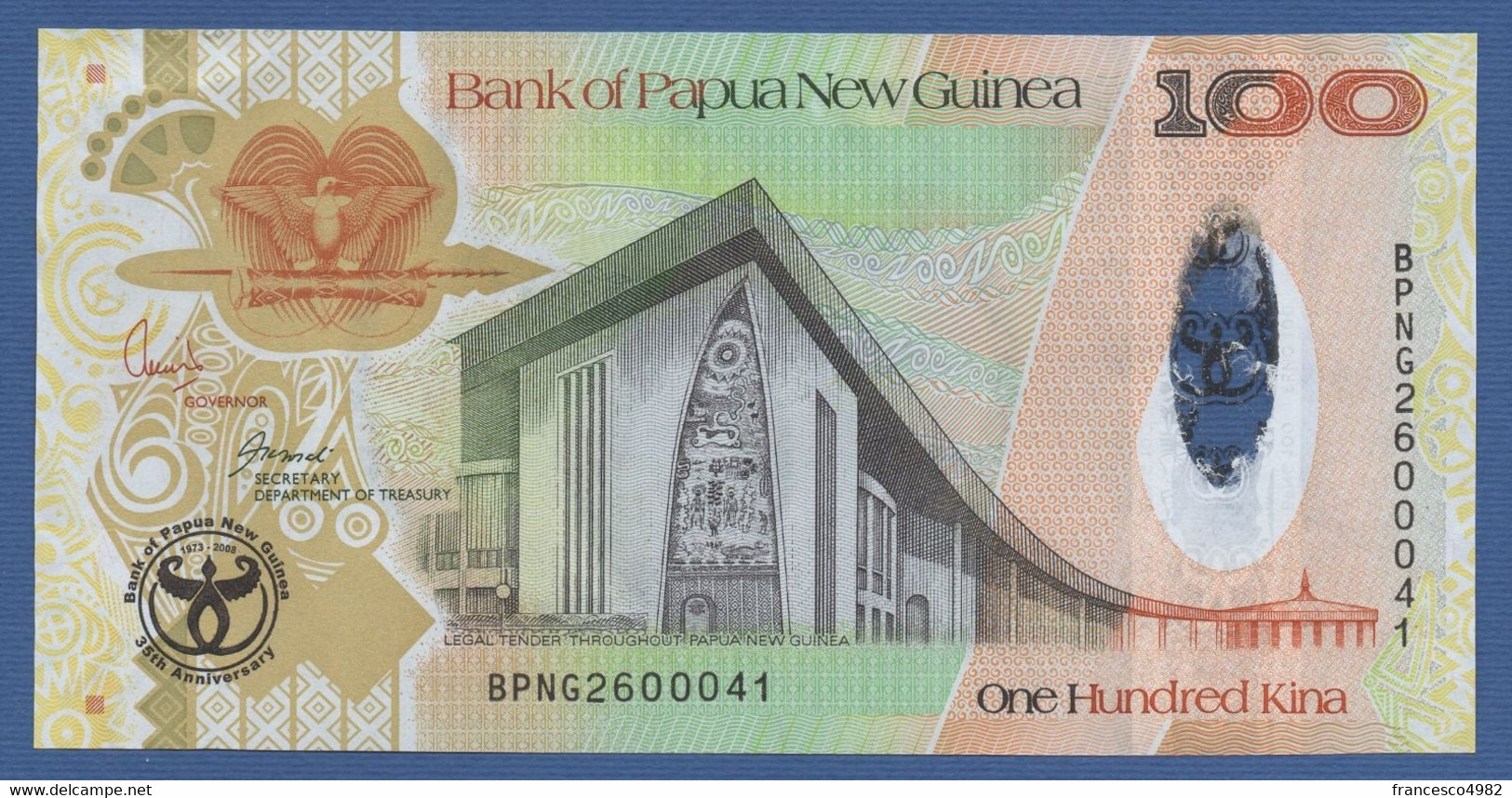 PAPUA NEW GUINEA - P.37 – 100 KINA ND 2008 "35th Anniversary Bank" Commemorative Issue - UNC  Prefix BPNG - Papouasie-Nouvelle-Guinée