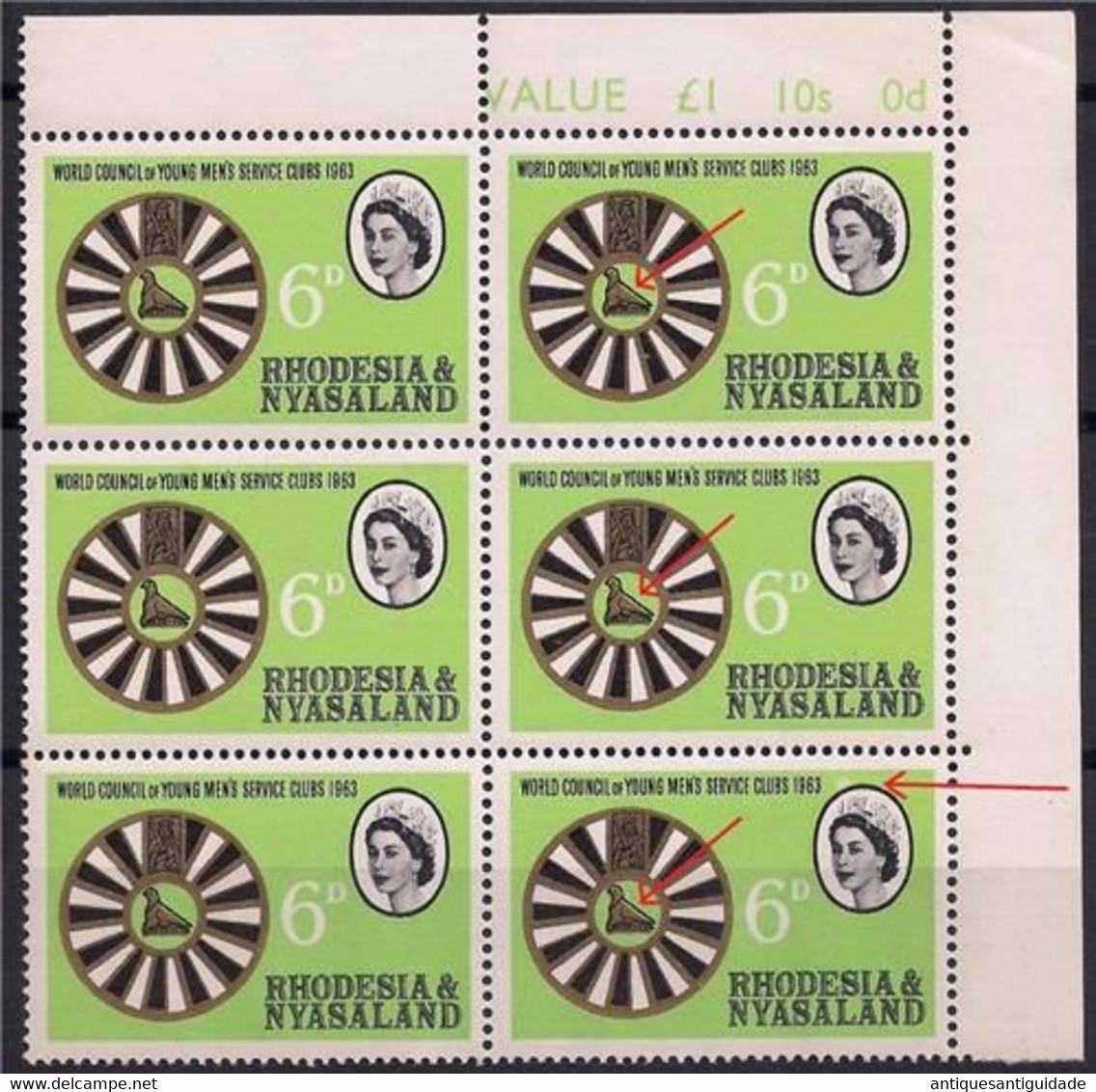 Rhodesia Nyasaland 1963 Y.M.S.C 6d MNH White Retouch & Various Colour Shift Flaw . Extremely Rare. - Rhodésie & Nyasaland (1954-1963)