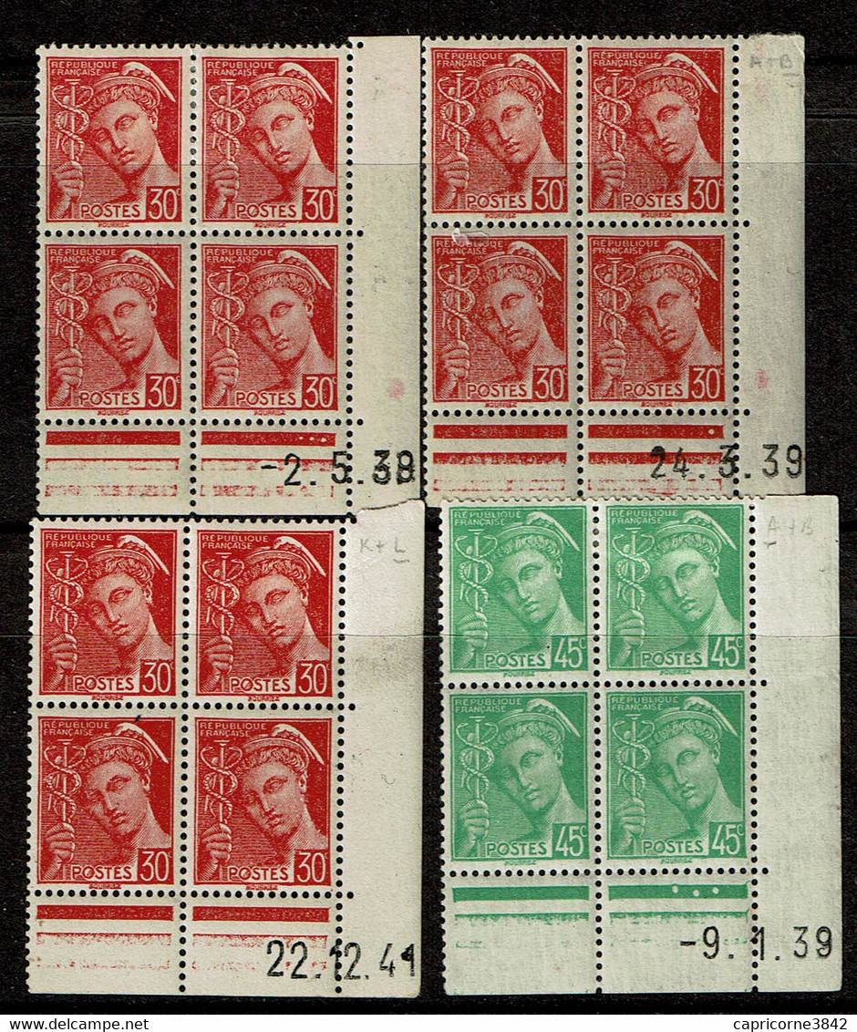 1938/1941 - Timbres Type Mercure - 3 Bloc 30ct Rouge N° 412 Dates 1938/39/41 + 1 Bloc 45ct Vert N° 414 Date 1939 - 1930-1939