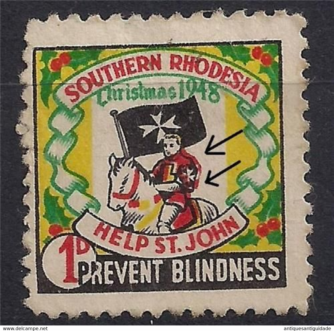 Southern Rhodesia 1948 Help St.John Prevent Blindness 1d Label RED COLOUR SHIFT , EXTREMLY RARE. - Southern Rhodesia (...-1964)