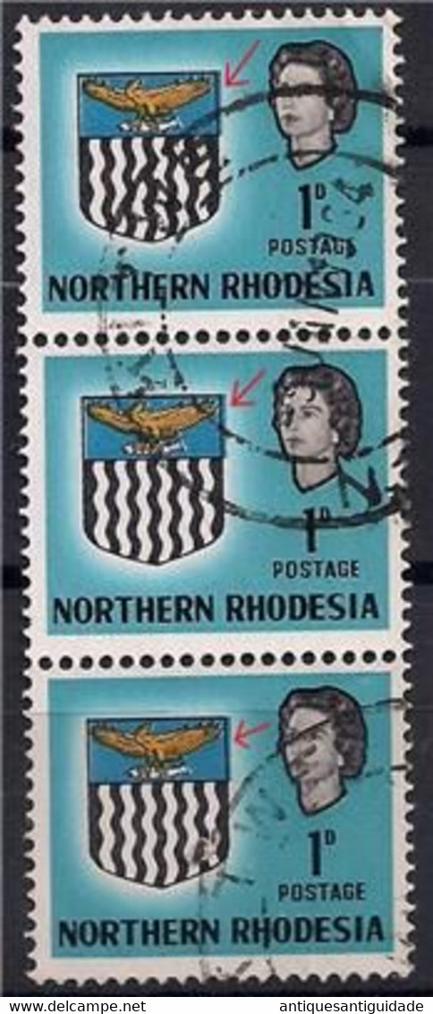 NORTHERN RHODESIA 1963 SG76 1d Strip Of 3 Colour Shift Flaw & 2 KITWE CANCELS. - Rhodésie Du Nord (...-1963)