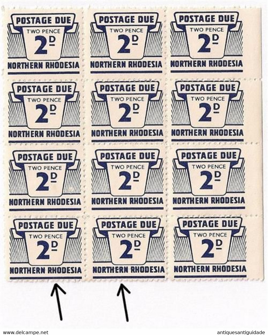 NORTHERN RHODESIA 1963 2d POSTAGE DUE SG D6 MNH BLOCK OF 12 WITH 3 VARIETY FLAWS - Rhodesia & Nyasaland (1954-1963)