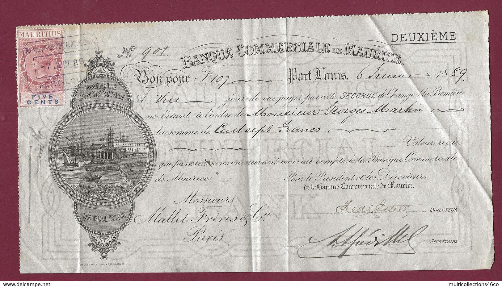 170321A - RARE 1889 BANQUE COMMERCIALE IL MAURICE Bon Valeur 107 Francs PORT LOUIS Mallet Frères & Cie - Illustré Port - Mauricio