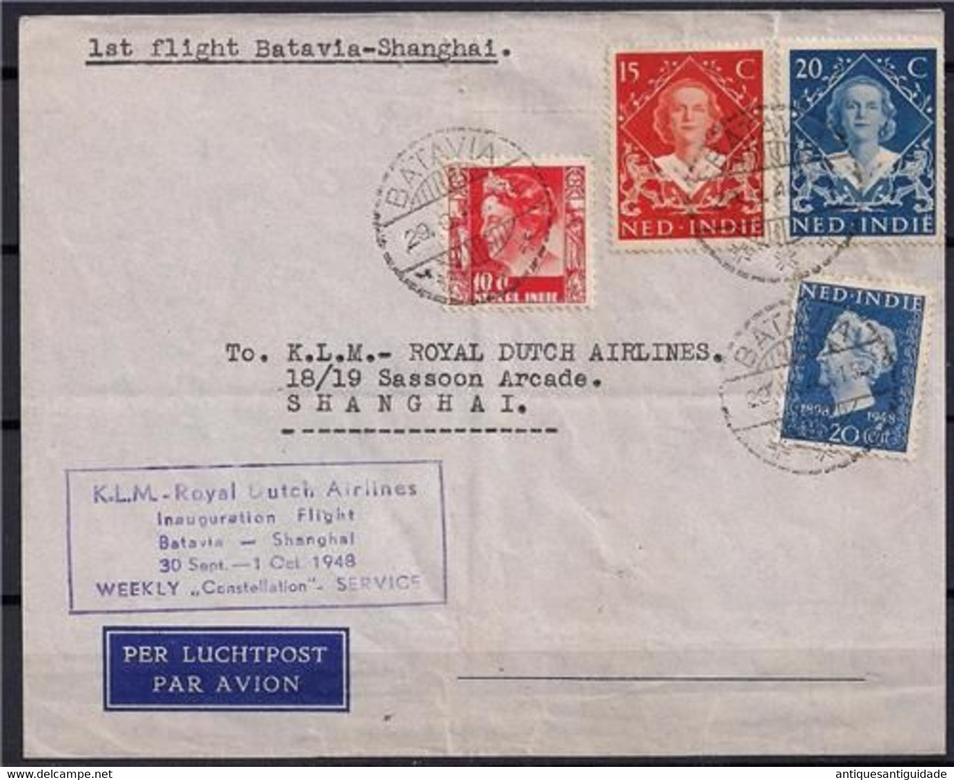 NETHERLANDS INDIES K.L.M  FIRST FLIGHT BATAVIA TO China SHANGHAI 1948 EXTREMELY RARE. - Sonstige & Ohne Zuordnung