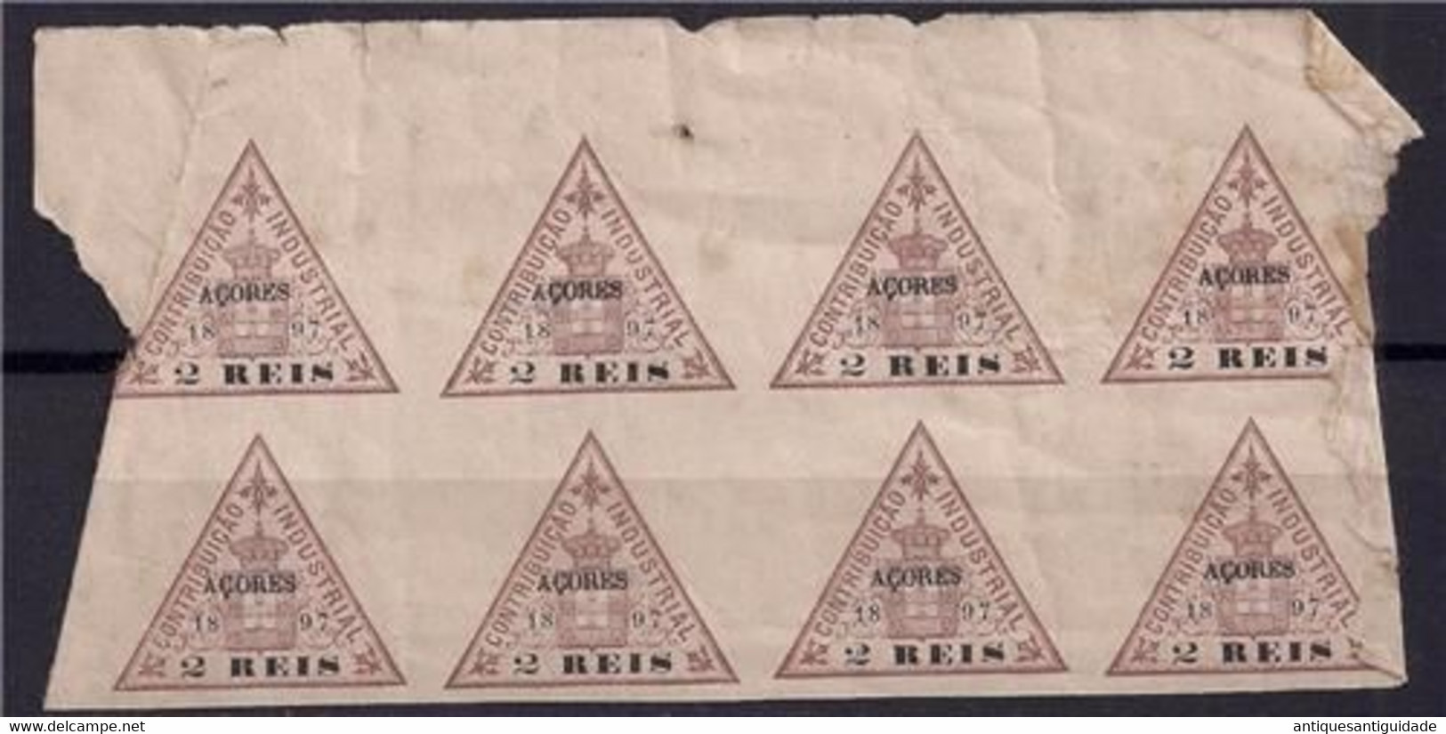 2 REIS PORTUGAL 1897 INDUSTRIAL TAX X8 AZORES OVPT  SHEET REMNANT VERY RARE!!! MNH - Neufs