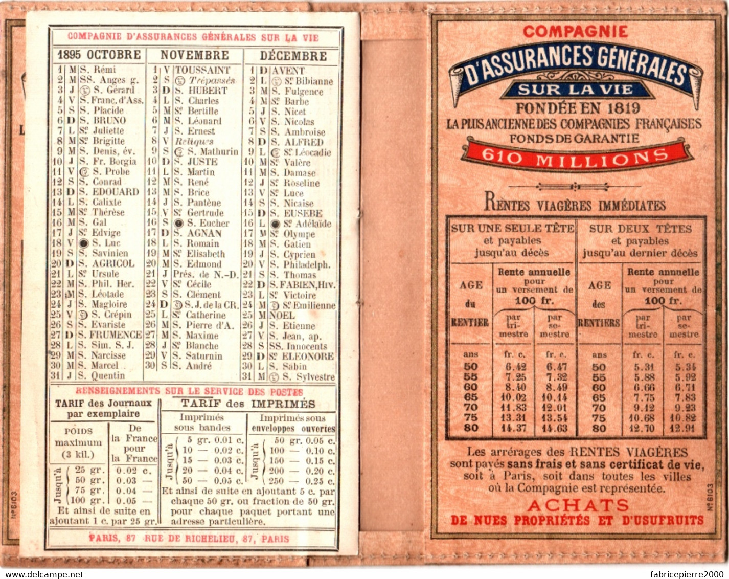 Calendrier Publicitaire 1895 COMPAGNIE D'ASSURANCES GENERALES Sur La Vie, Rue De Richelieu à Paris TBE 2 Scans - Kleinformat : ...-1900