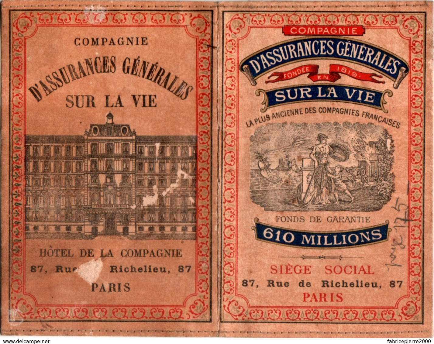 Calendrier Publicitaire 1895 COMPAGNIE D'ASSURANCES GENERALES Sur La Vie, Rue De Richelieu à Paris TBE 2 Scans - Kleinformat : ...-1900