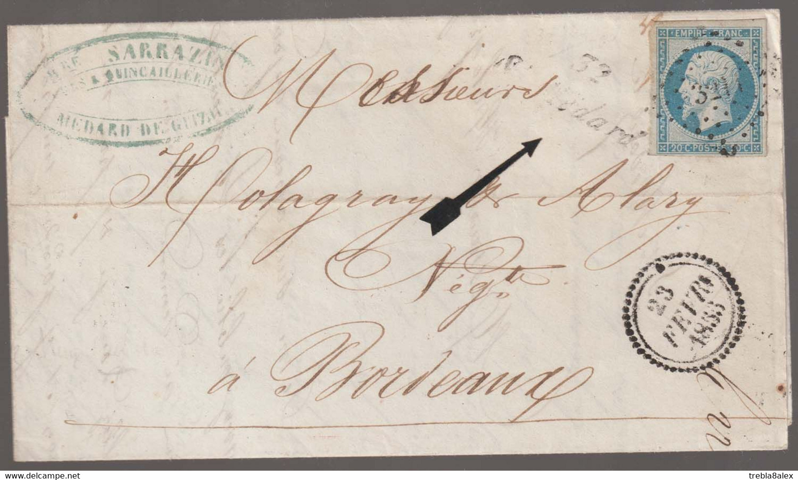 N°14 Pc 3211, Cursive 32 St Médard, Dateur B Sur Lettre Pour Bordeaux - 1853-1860 Napoleon III