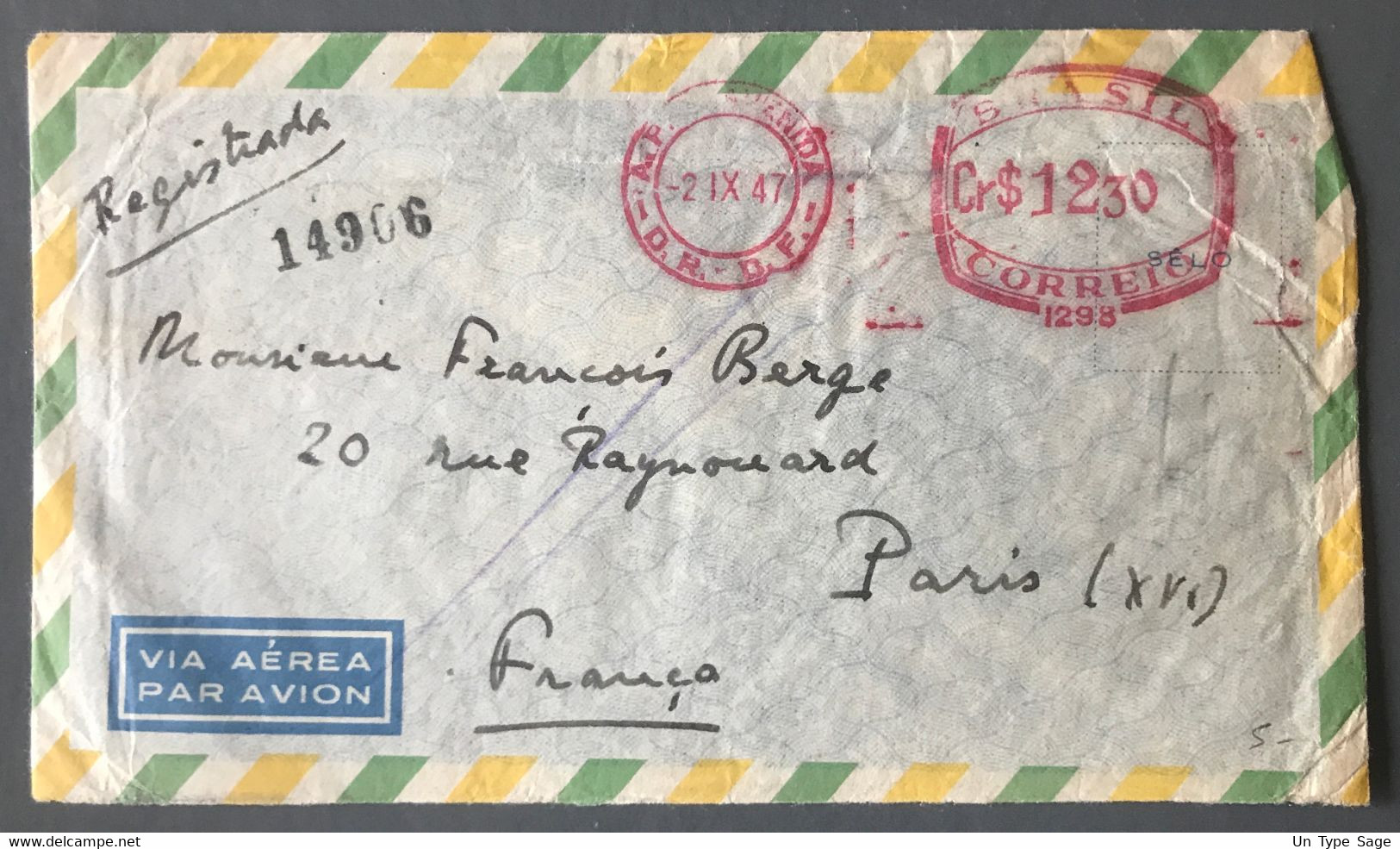 Brésil, Oblitération Mécanique Sur Enveloppe Recommandé PETROPOLIS 2.9.1947 Pour Paris - (B3993) - Lettres & Documents
