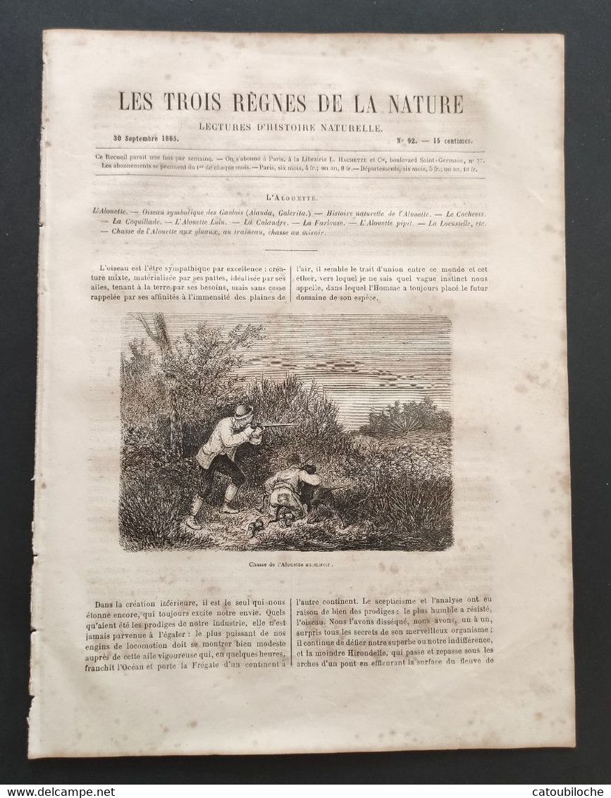 1865 L'ALOUETTE - CHASSE AU MIROIR - LES TROIS RÉGNES DE LA NATURE N° 92 - HISTOIRE NATURELLE - Revistas - Antes 1900