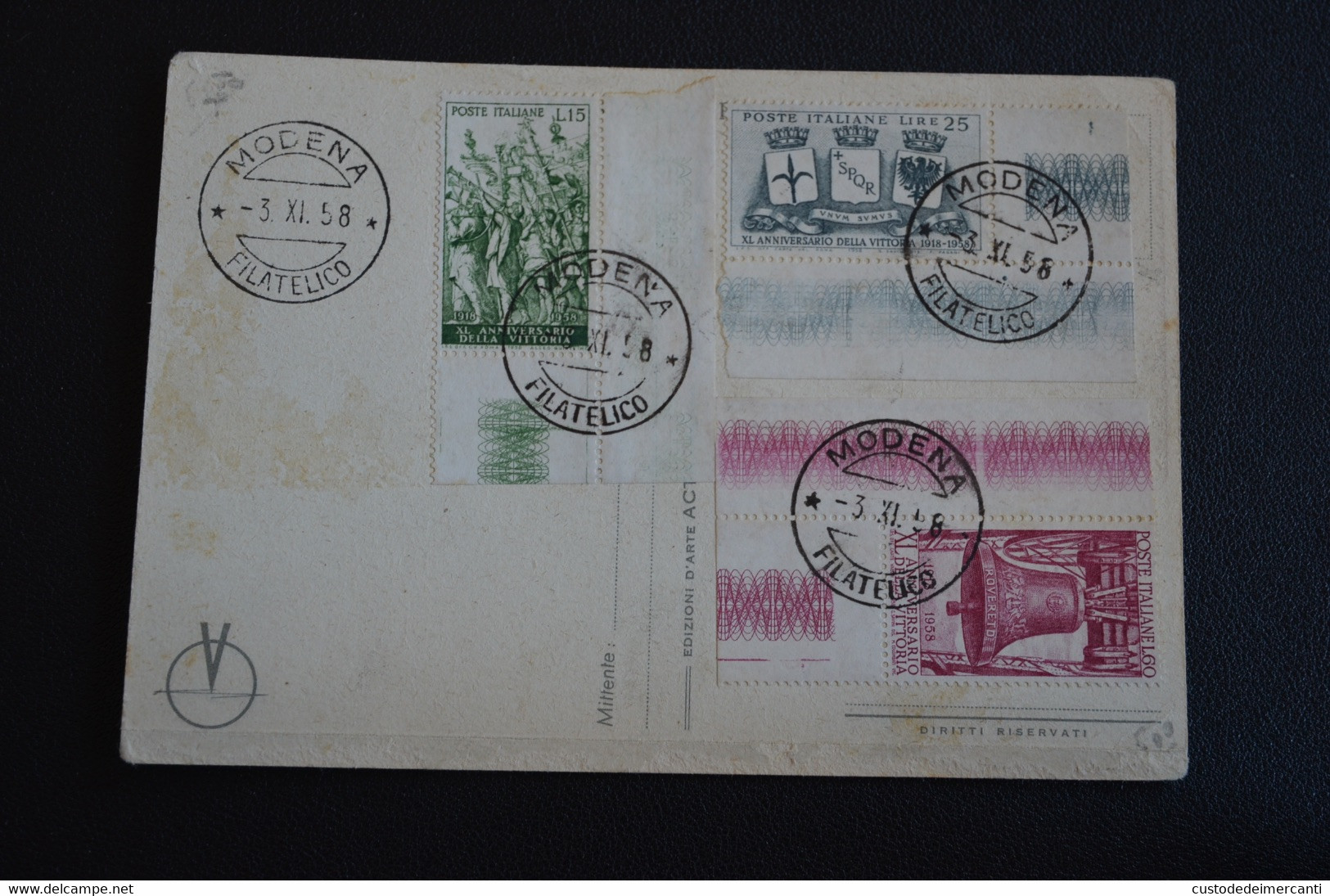 CARTOLINA PRIMO GIORNO ANNULLO FILATELICO MODENA 1958 BOCCASILE VANGA E MEDAGLIA  3 BOLLI CON ANGOLI INTERI FOGLIO - Postal Services