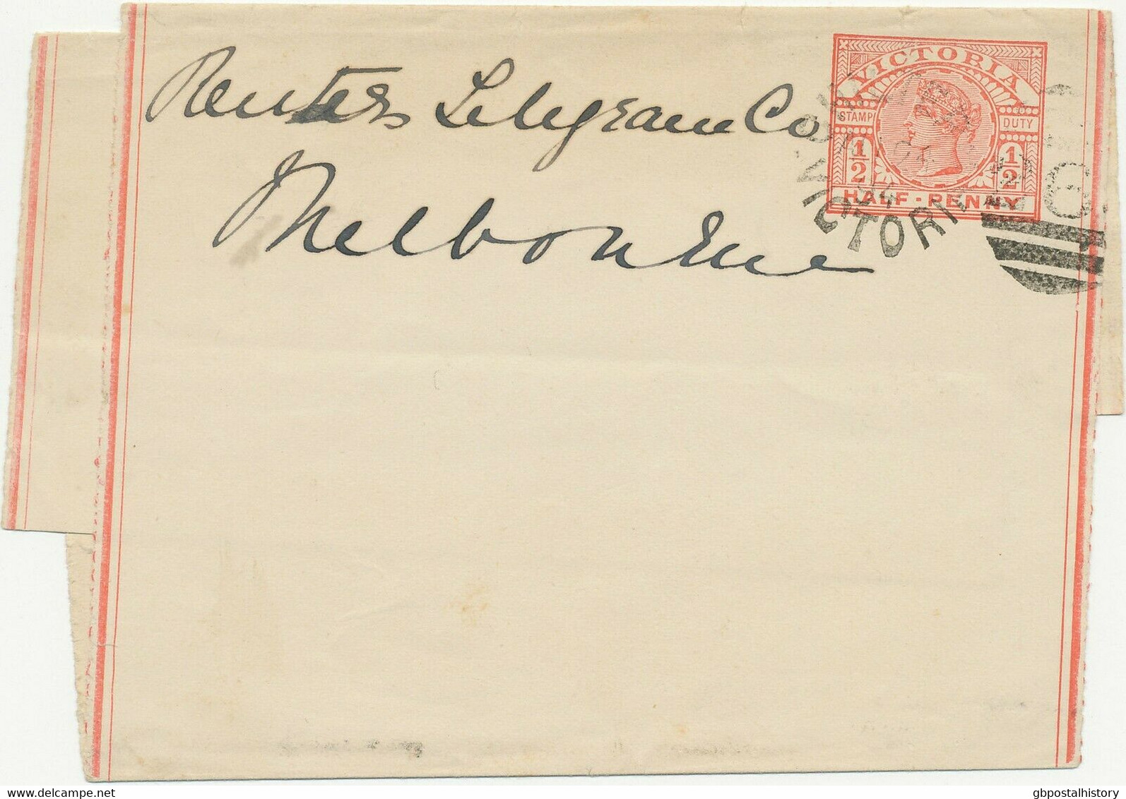 VICTORIA "26 - CHILTERN / VICTORIA" Rare Duplex Postmark VF QV 1/2 D Wrapper - Briefe U. Dokumente