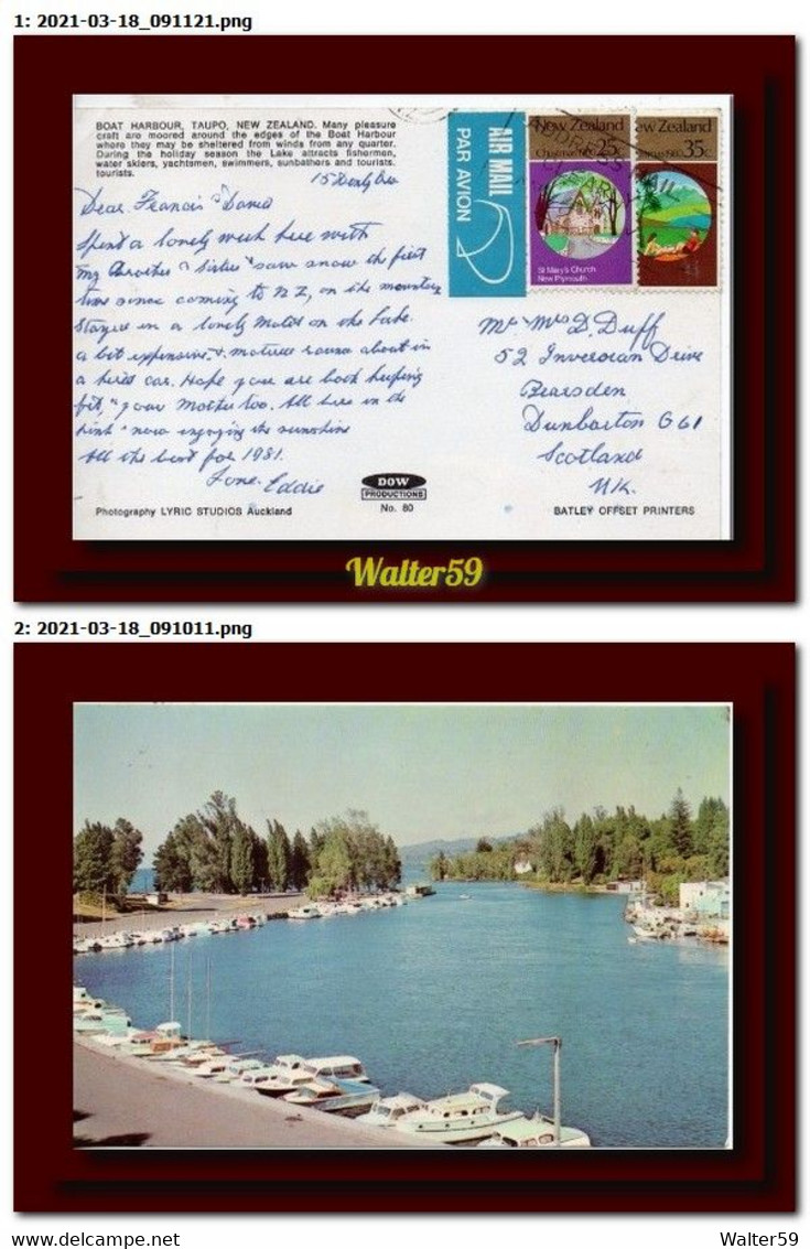 1981 New Zealand Postcard Taupo Boat Harbour Posted Christchurc To Scotland - Storia Postale