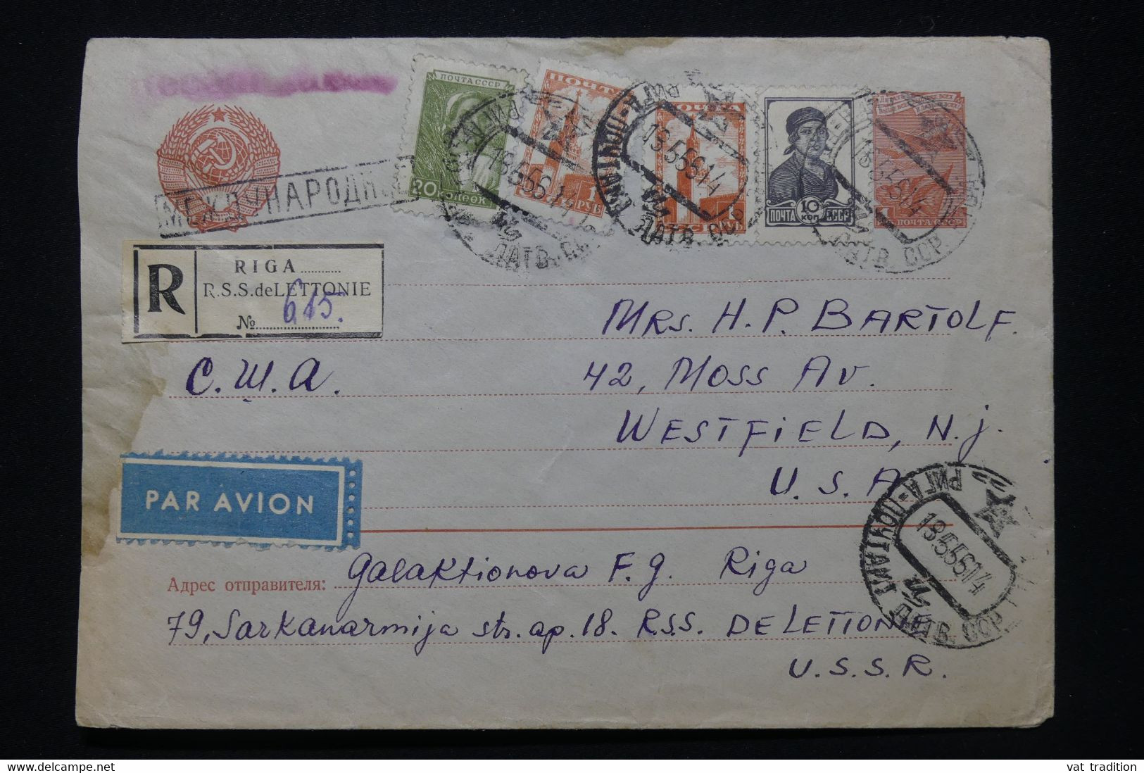 U.R.S.S. - Entier Postal + Compléments De Riga En Recommandé Pour Les U.S.A. En 1956 - L 92332 - 1950-59