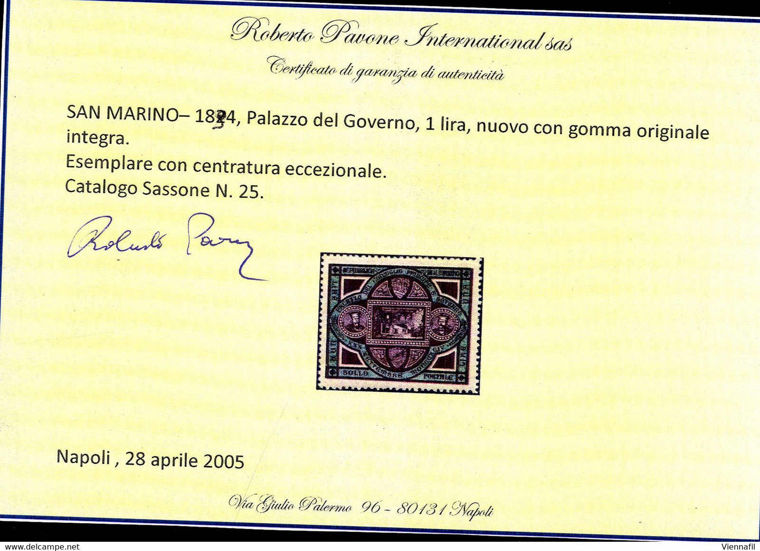 ** 1894, Palazzo Del Governo, 1 Lira Bruno Rosso E Verde,  "centratura Eccezionale" , Gomma Integra, Cert. Pavona (Sass. - Altri & Non Classificati