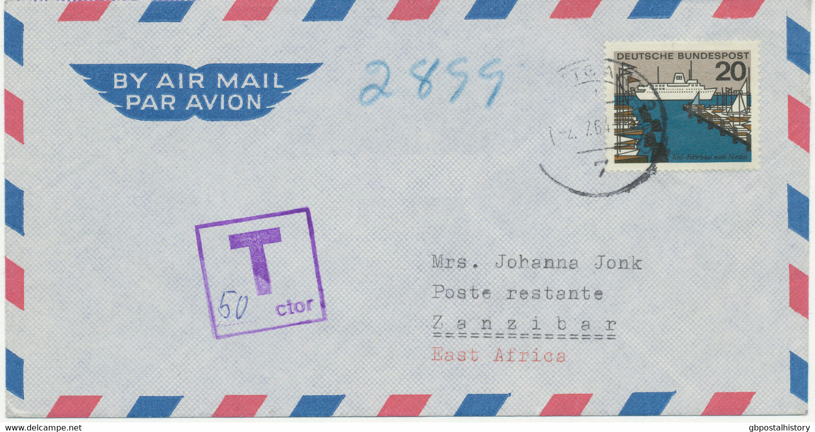 ZANZIBAR 1964 POSTAGE DUE 1 Sh. On Airmail-cvr From Germany EXHIBITION-ITEM - Zanzibar (...-1963)