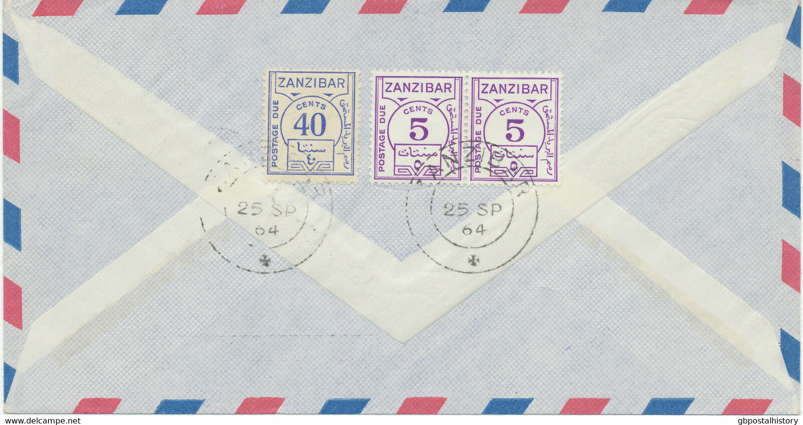ZANZIBAR 1964 POSTAGE DUE 50 C. On Airmail-cvr From Germany EXHIBITION-ITEM - Zanzibar (...-1963)