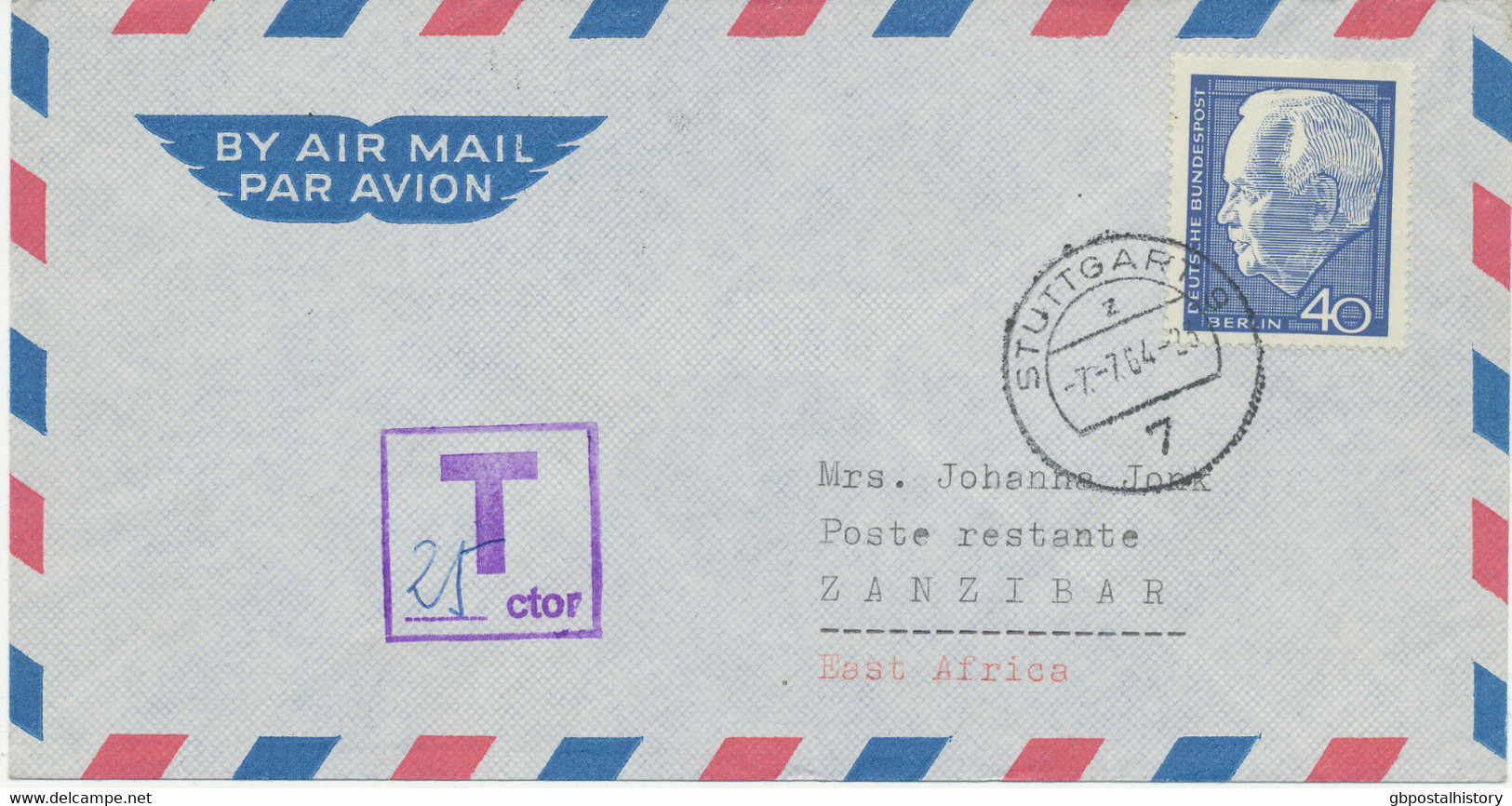 ZANZIBAR 1964 POSTAGE DUE 50 C. On Airmail-cvr From Germany EXHIBITION-ITEM - Zanzibar (...-1963)