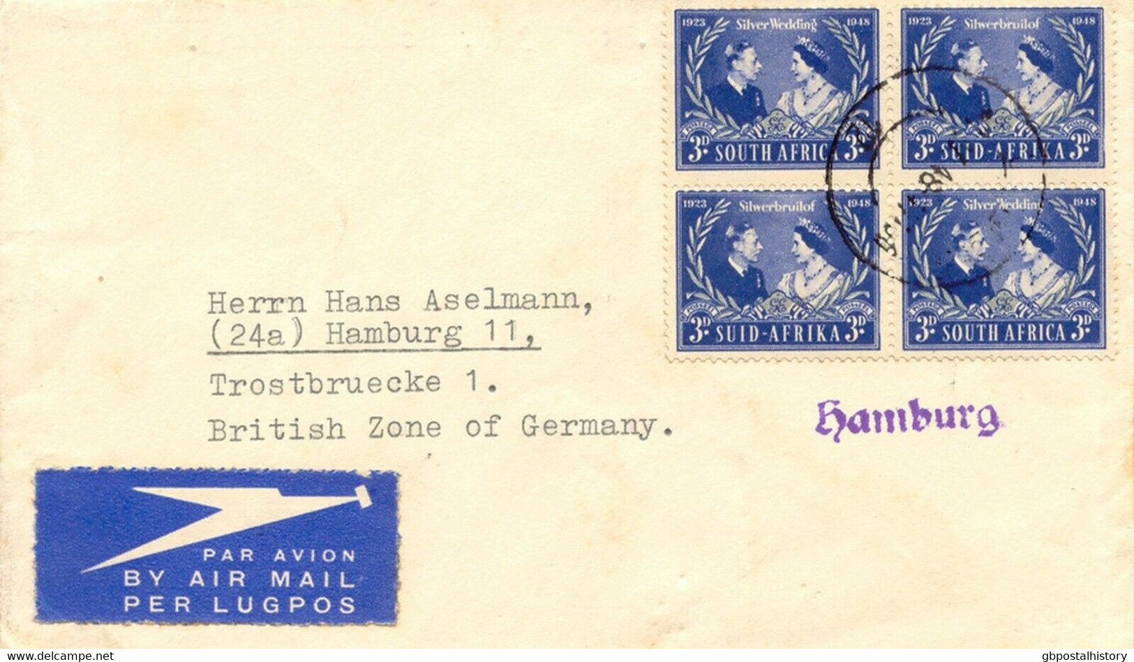 SÜDAFRIKA 1948 Silverwedding 3 P 4Block ERSTFLUG JOHANNESBURG - LONDON - HAMBURG - Posta Aerea