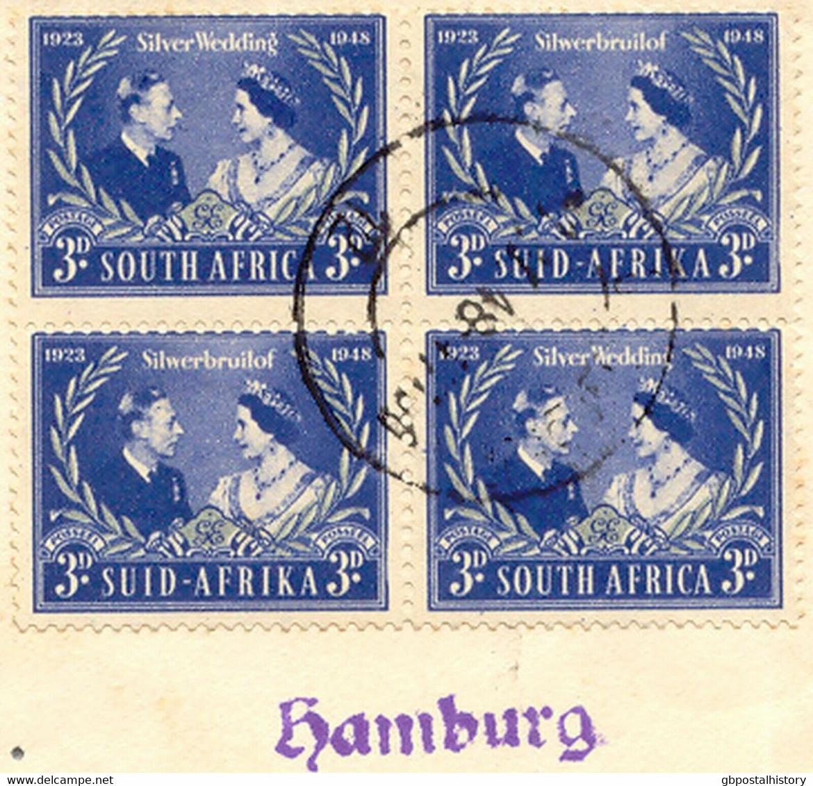 SÜDAFRIKA 1948 Silverwedding 3 P 4Block ERSTFLUG JOHANNESBURG - LONDON - HAMBURG - Luftpost