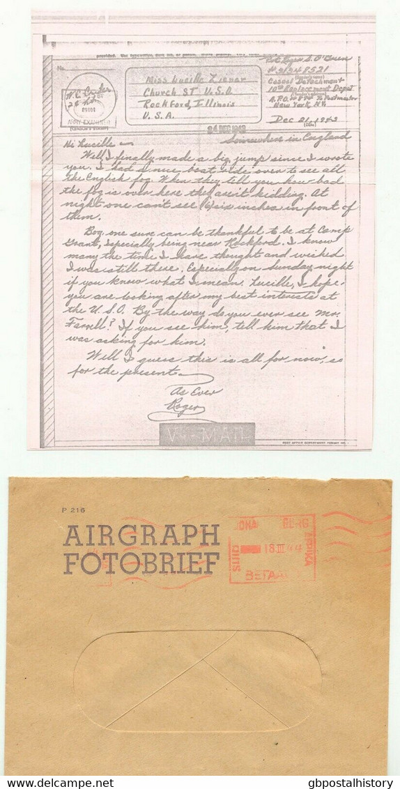 SÜDAFRIKA 1944 Airgraph-Fotobrief M Roter Masch.-Stpl. JOHANNESBURG SUID AFRIKA BETAALD" Und V-Mail Nach ROCKFORD, USA - Luchtpost