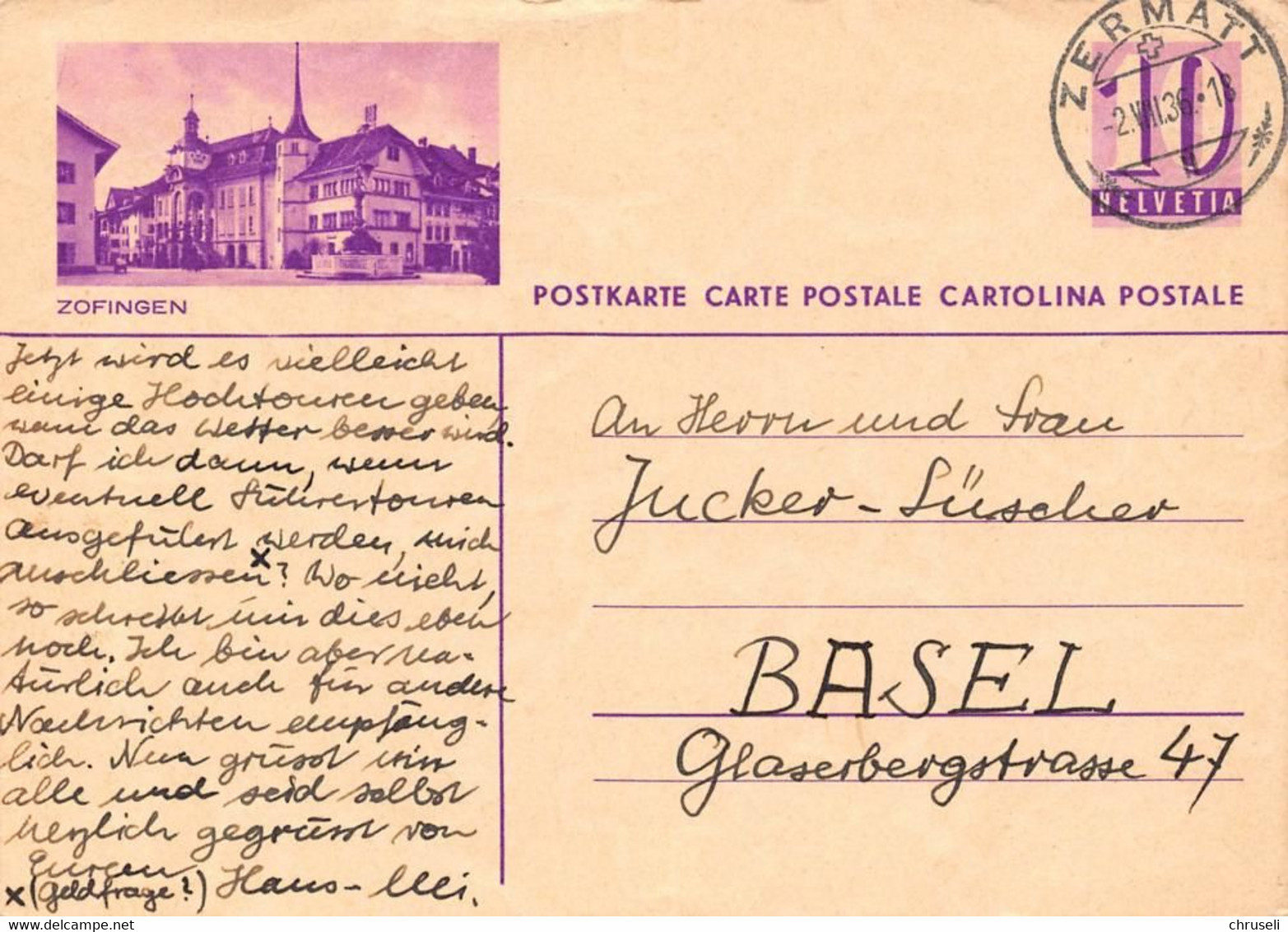 Ganzsachen Bildpostkarte Zofingen - Zofingue