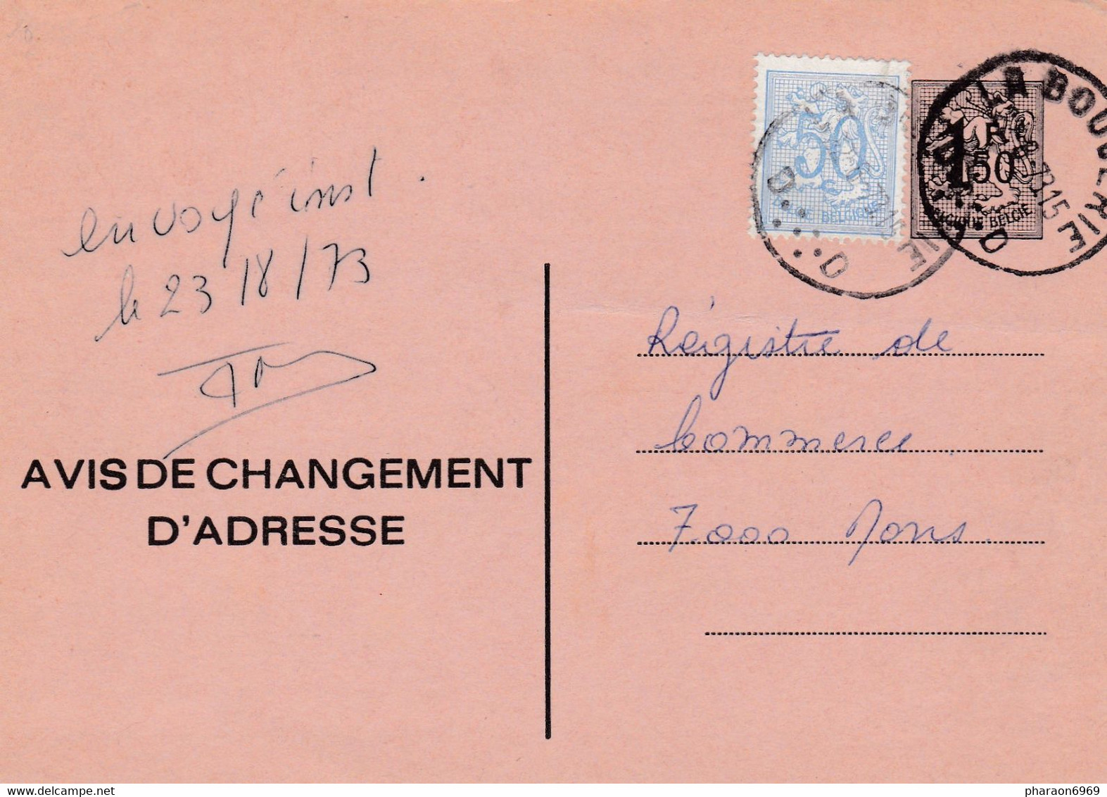 Carte Entier Postal Changement D'adresse + Timbre La Bouverie à Mons - Adressenänderungen