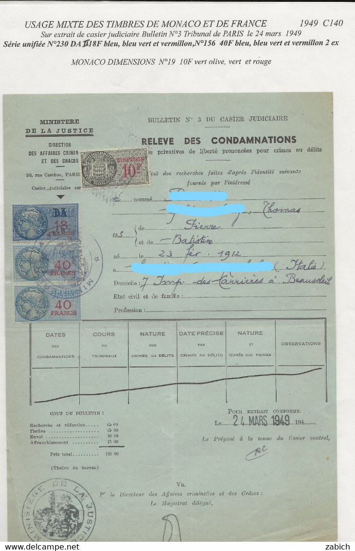 TIMBRES FISCAUX DE FRANCE  USAGE MIXTE FRANCE/MONACO  1949 RARE Forte Cote - Steuermarken