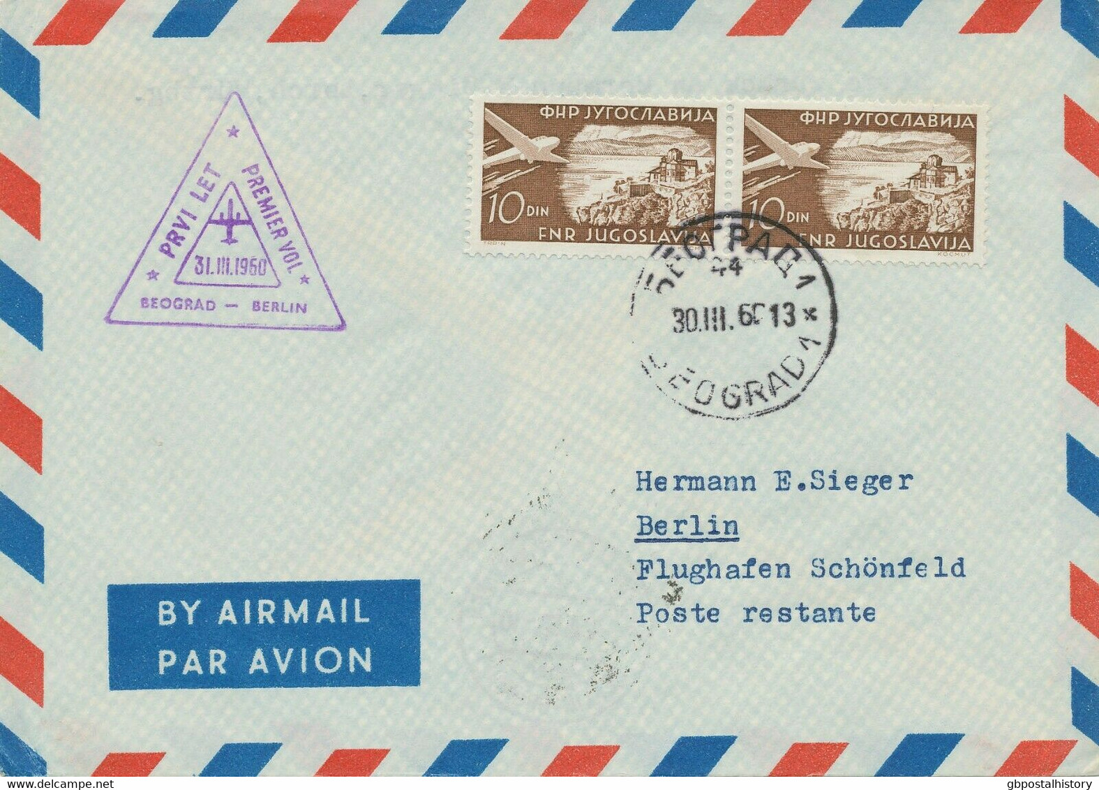 JUGOSLAWIEN 1960 Flugpostmarken 10 Din (Paar) Selt. JAT Erstflug BELGRAD-BERLIN - Airmail