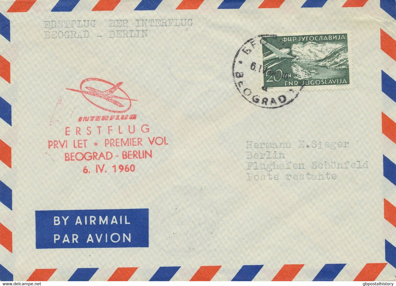 JUGOSLAWIEN 1960 Flugpostmarke 20 Din EF Selt. INTERFLUG Erstflug BELGRAD-BERLIN - Luftpost
