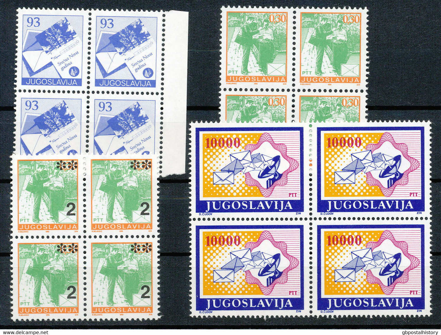 YUGOSLAVIA 1987/92 Postal Service 4 Different Superb U/M Blocks Of Four VARIETY - Non Dentelés, épreuves & Variétés