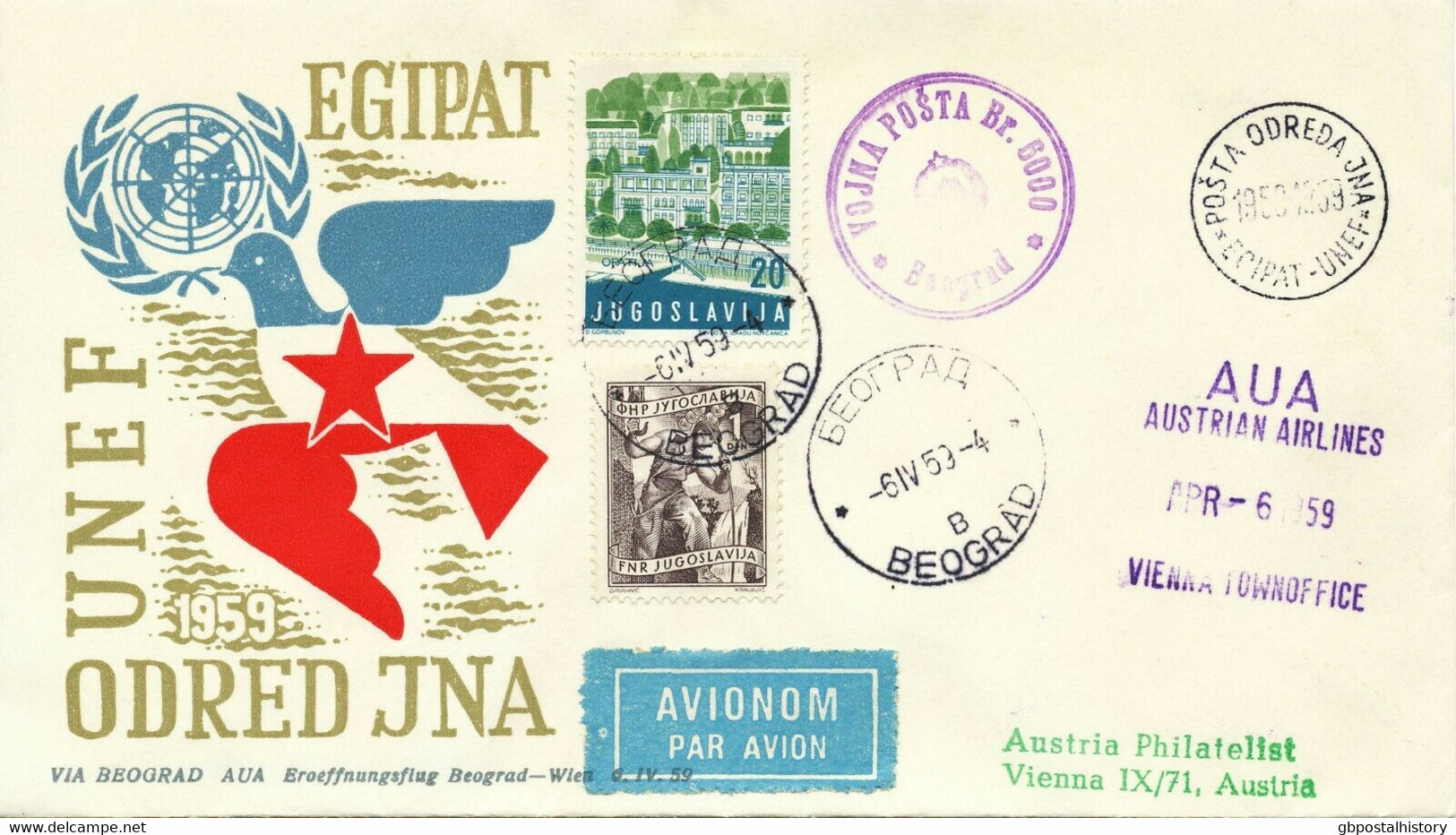 YUGOSLAVIA 1959 First Flight With AUA Austrian Airlines "Belgrade - Vienna", RR! - Luftpost