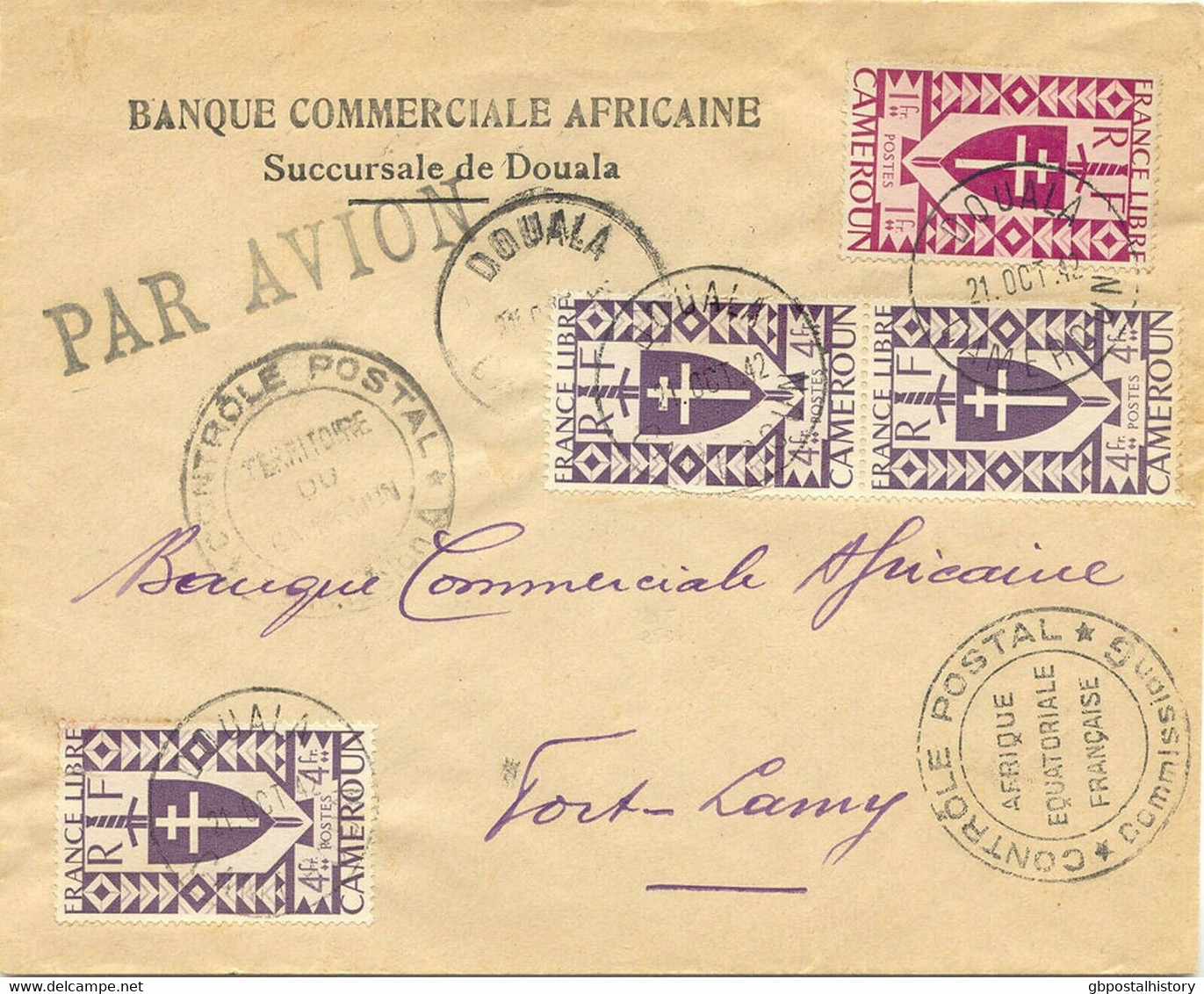 KAMERUN "DOUALA 21 OCT.42 CAMEROUN" K1 A. Kab.-Lupo-Brief N. FORT-LAMY,  Tschad - Posta Aerea