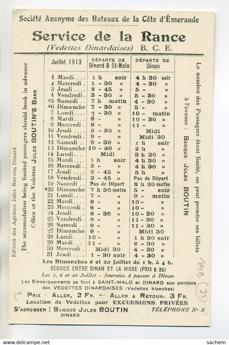 35 Les Bords De Rance Grande Vedette Dinardaise HORAIRES " Service De La Rance " Juillet  1913      /D17-2017 - Autres & Non Classés