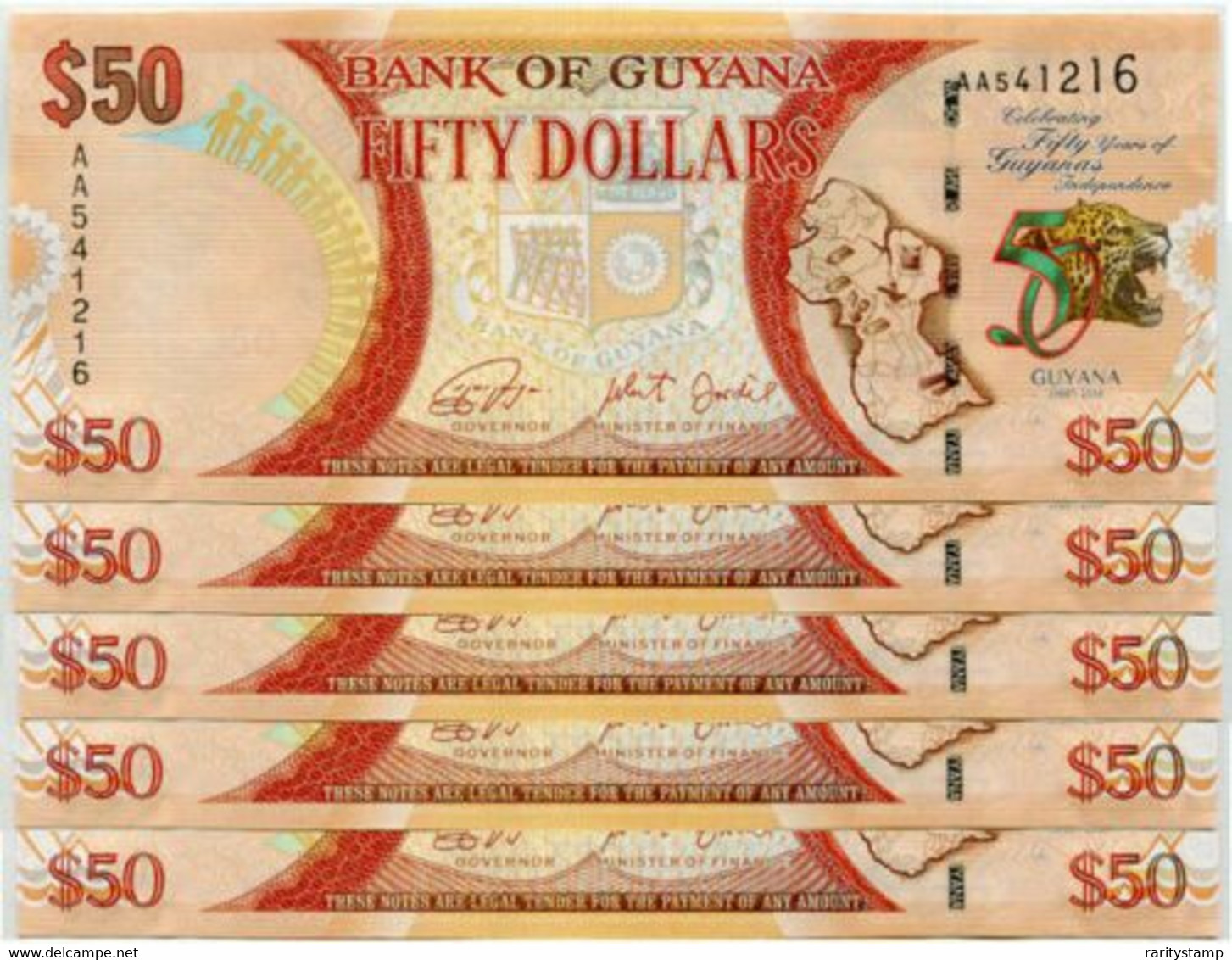 GUYANA  2016 $50 UNC FDS SET 5 BANCONOTE IN SERIE AA602837/41 - Guyana