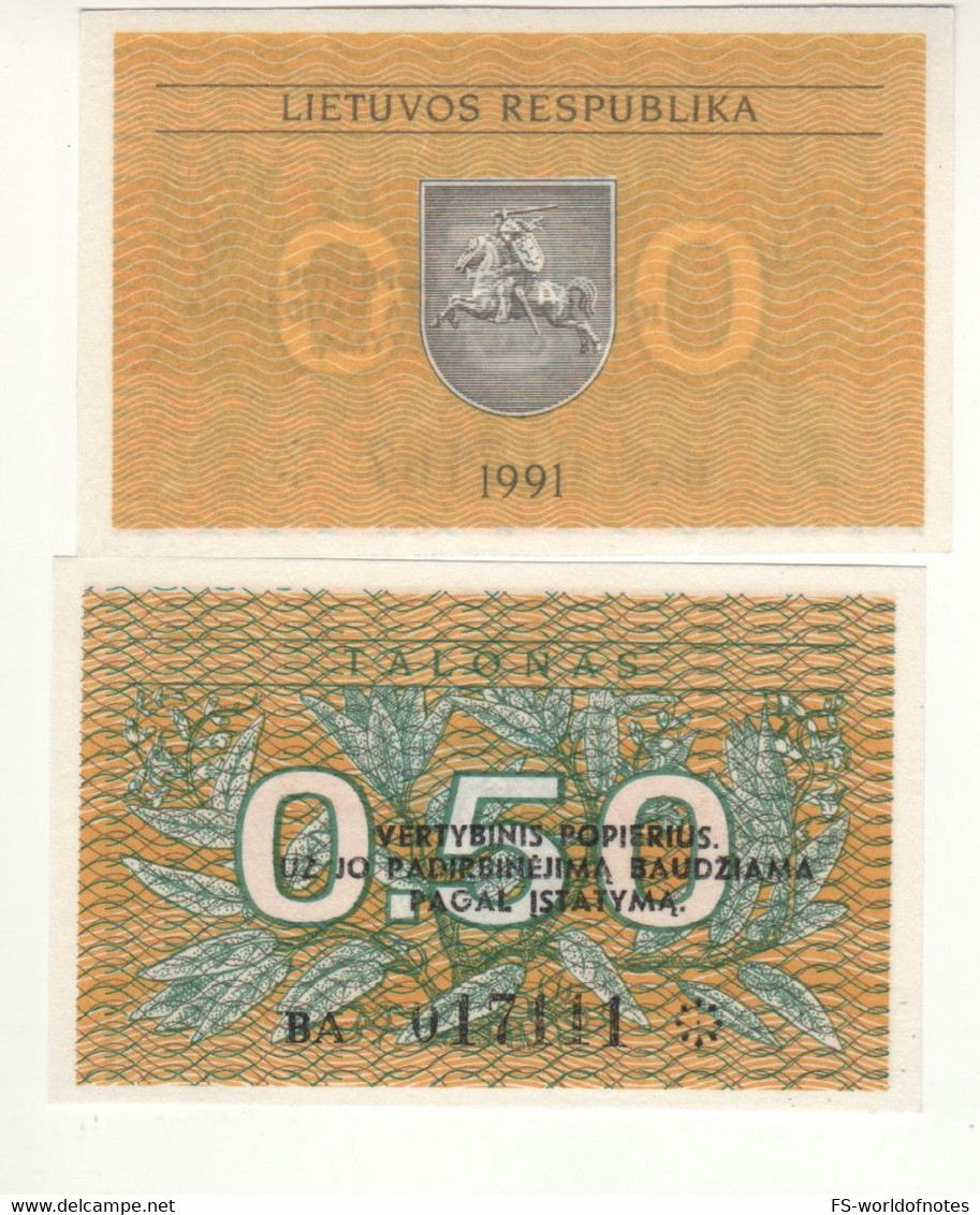 LITHUANIA  0.50 Talonas   1991   P31b   (with Text On Front)   UNC - Litauen