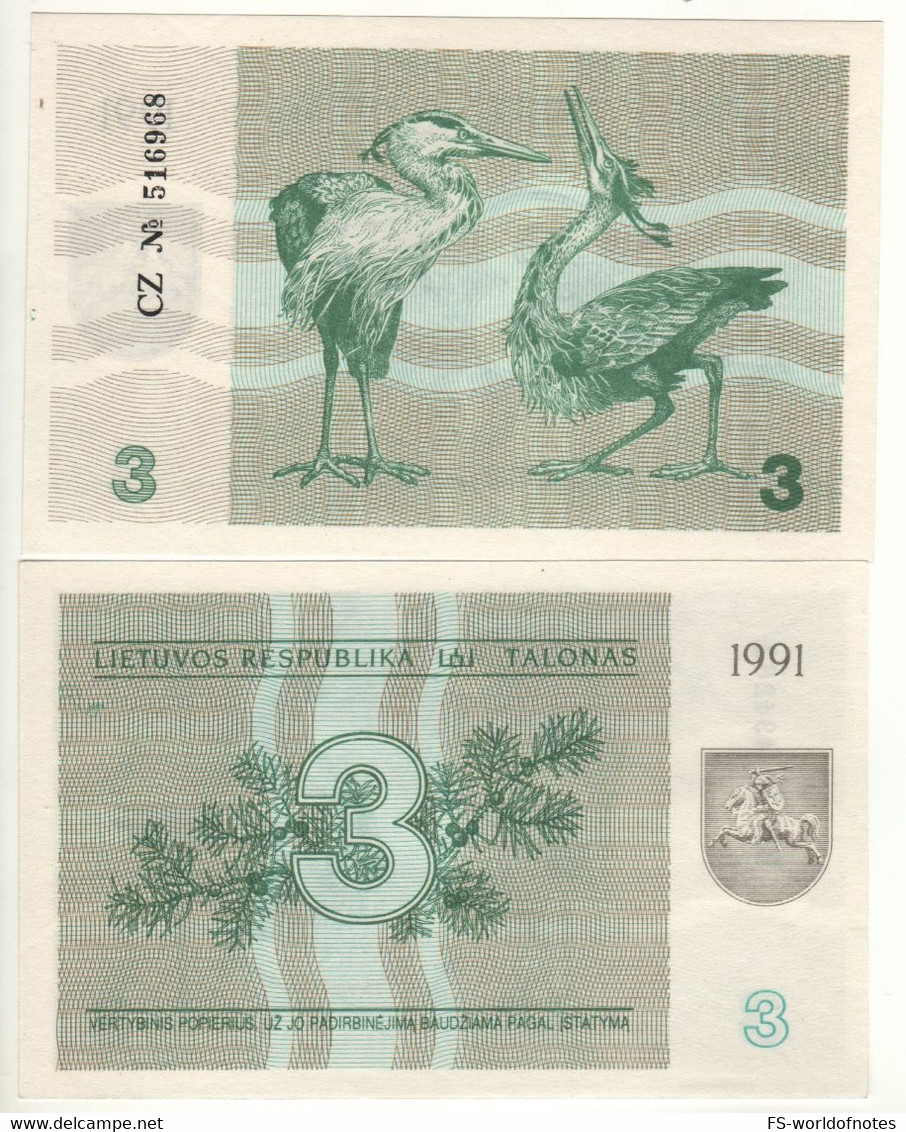 LITHUANIA   3 Talonas   1991   P33b   ( Juniper Branch + Gray Herons On Back)   UNC - Lituanie