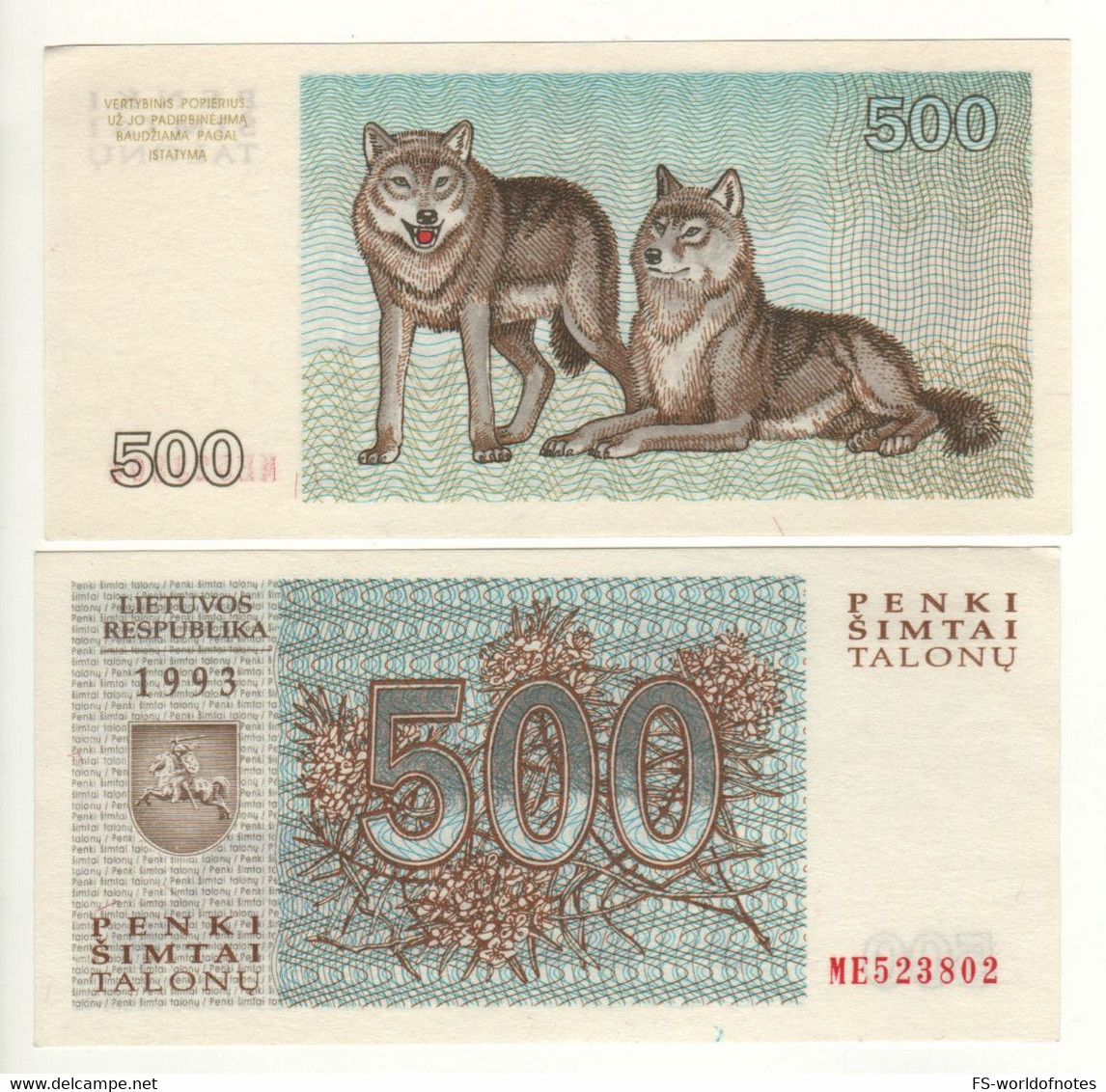 LITHUANIA   500 Talonas   1993   P46  ( Wolves On Back)   UNC - Lithuania