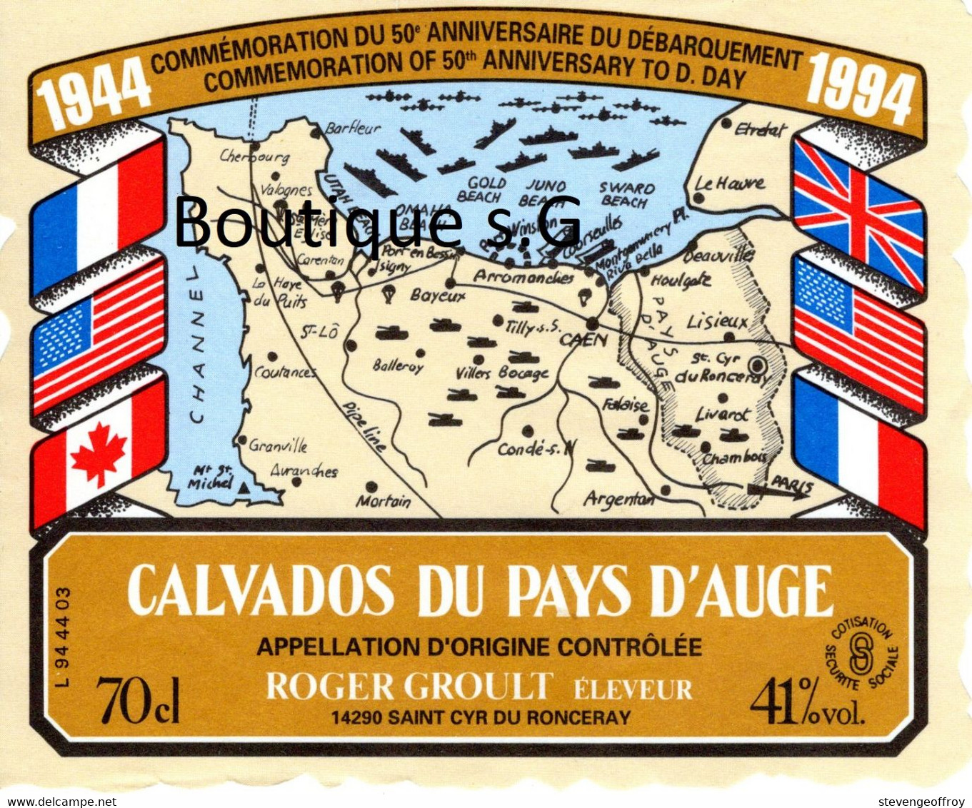 Etiquettes Vin Calvados Pays D Auge Commémoration 50 Anniversaire Debarquement Histoire Roger Groult 1994  Histoire - Autres & Non Classés