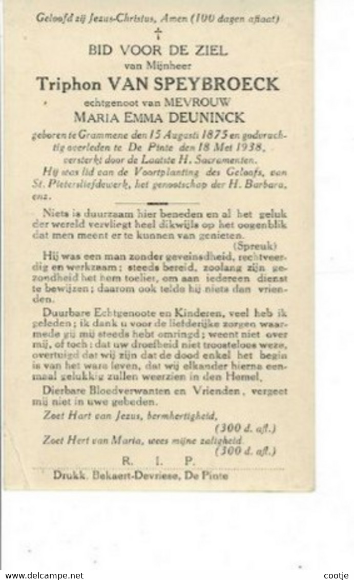 Triphon Van Speybroeck Echt Maria Deuninck O Grammene 1875 + De Pinte 1938 - Andachtsbilder