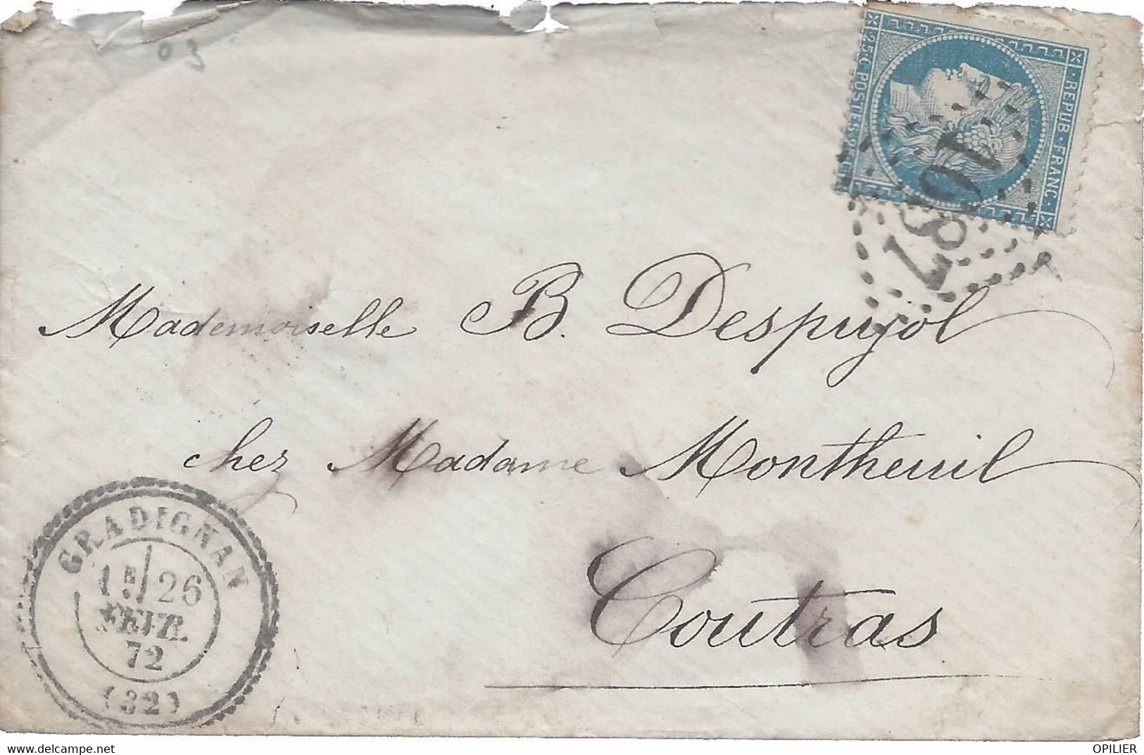 CACHET PERLE Distribution GRADIGNAN 1872 Losange GC 1687 Sur Timbre N°60 25c Ceres - Bolli Manuali