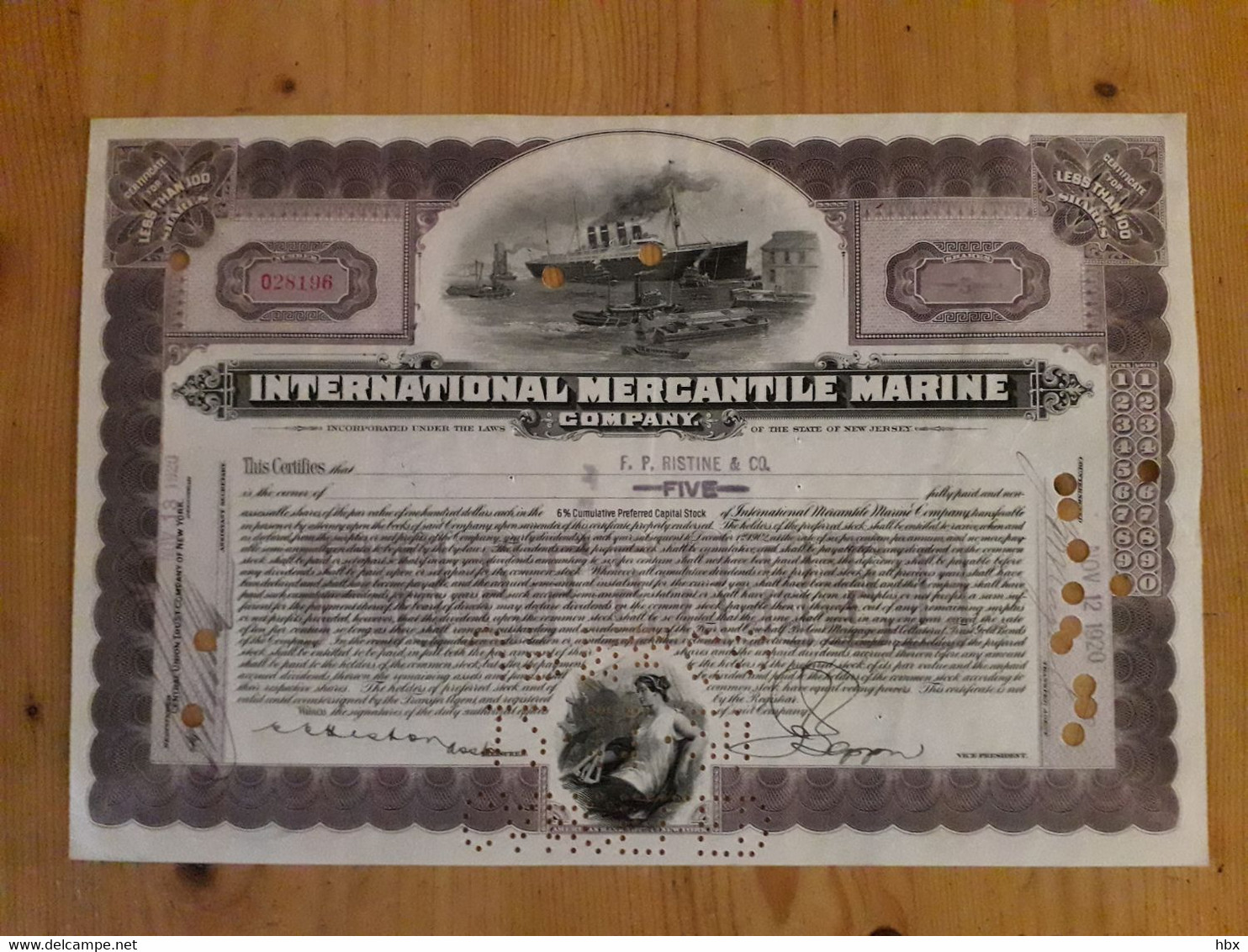 International Mercantile Marine Company - 1920 - The Titanic Certificate - Navy