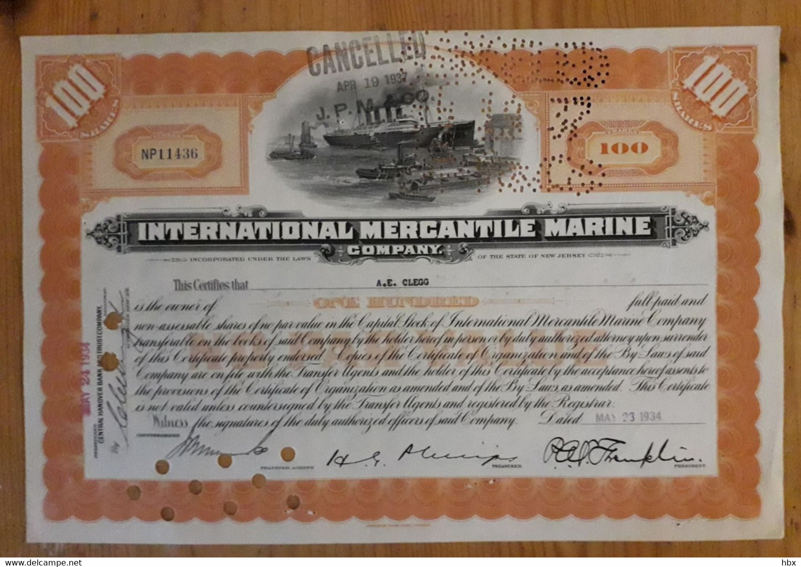 International Mercantile Marine Company - 1934 - The Titanic Certificate - Navegación