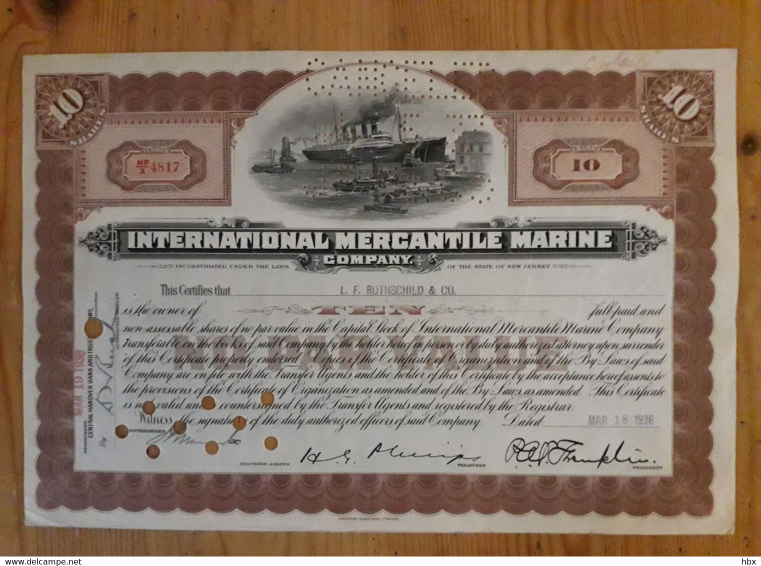 International Mercantile Marine Company - 1936 - The Titanic Certificate - Navy