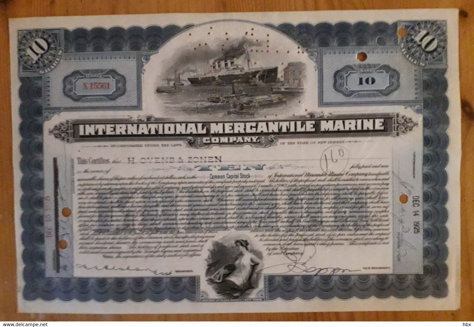 International Mercantile Marine Company - 1925 - The Titanic Certificate - Navy