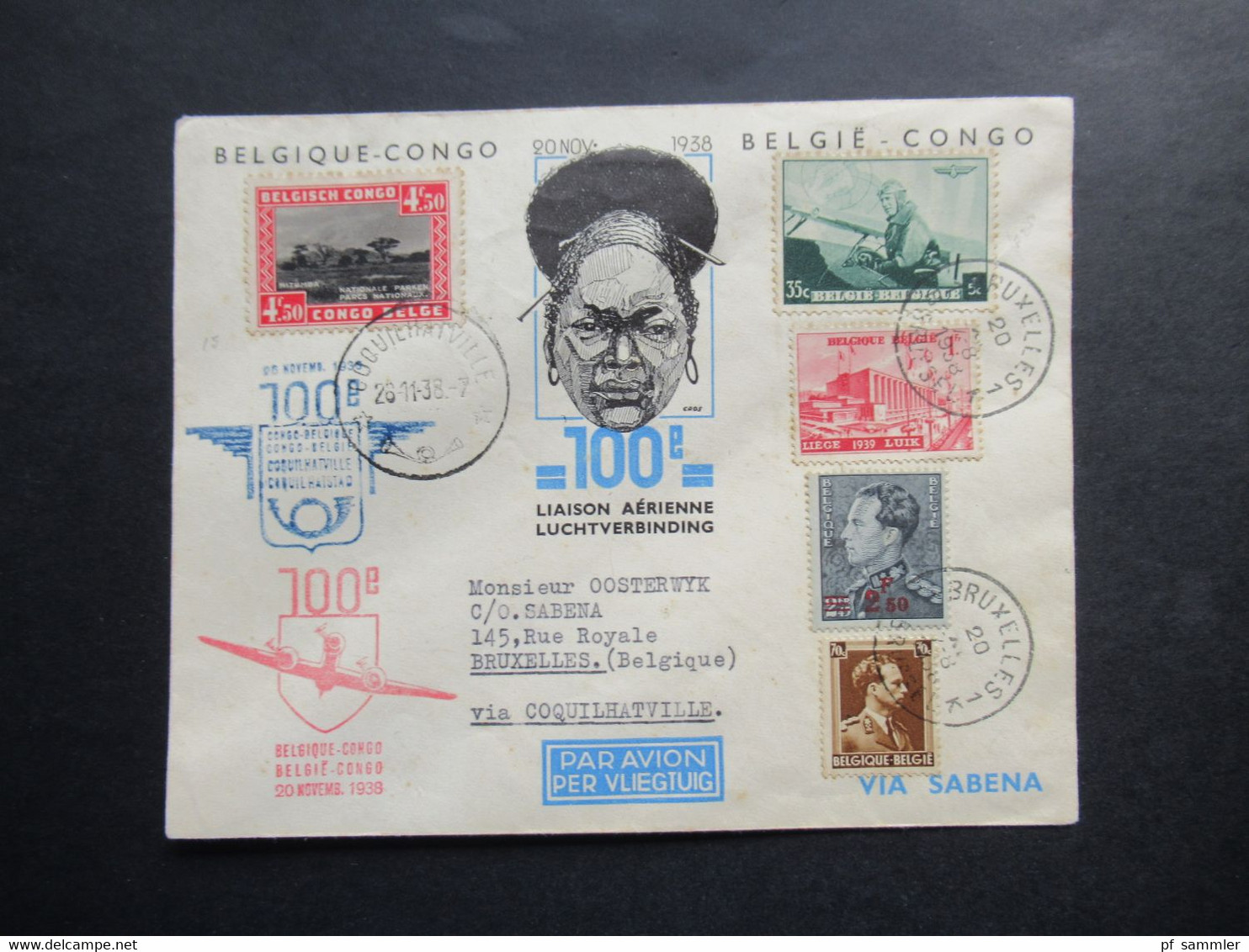 Kolonie Belgie Congo / Belgisch Kongo 1938 Luftpost Via Sabena 100e Liaison Aerienne Luchtverbinding Via Coquilhatville - Storia Postale